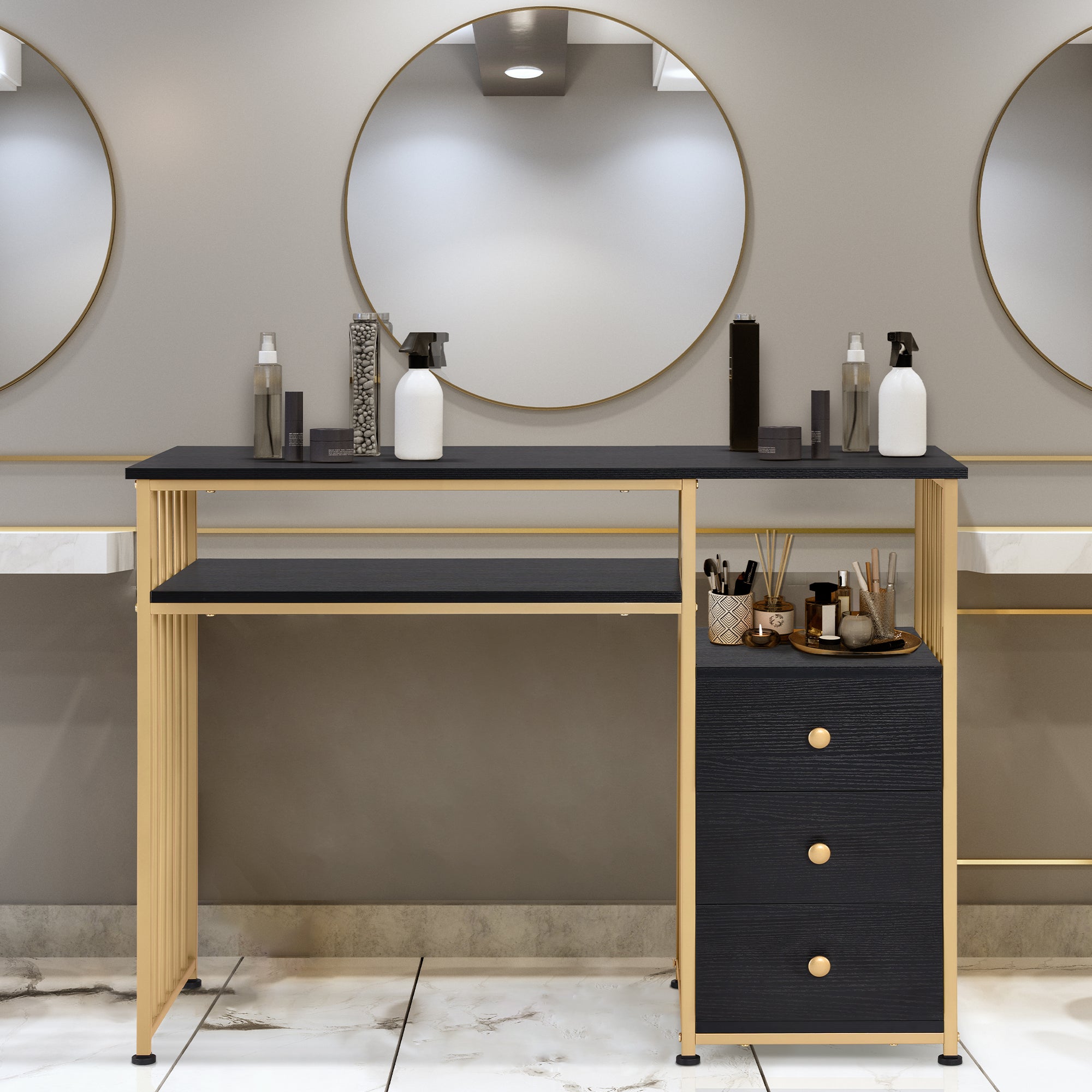 Bureau met lades, kaptafel zonder spiegel, nageltafel, hout met metalen frame – foto 14