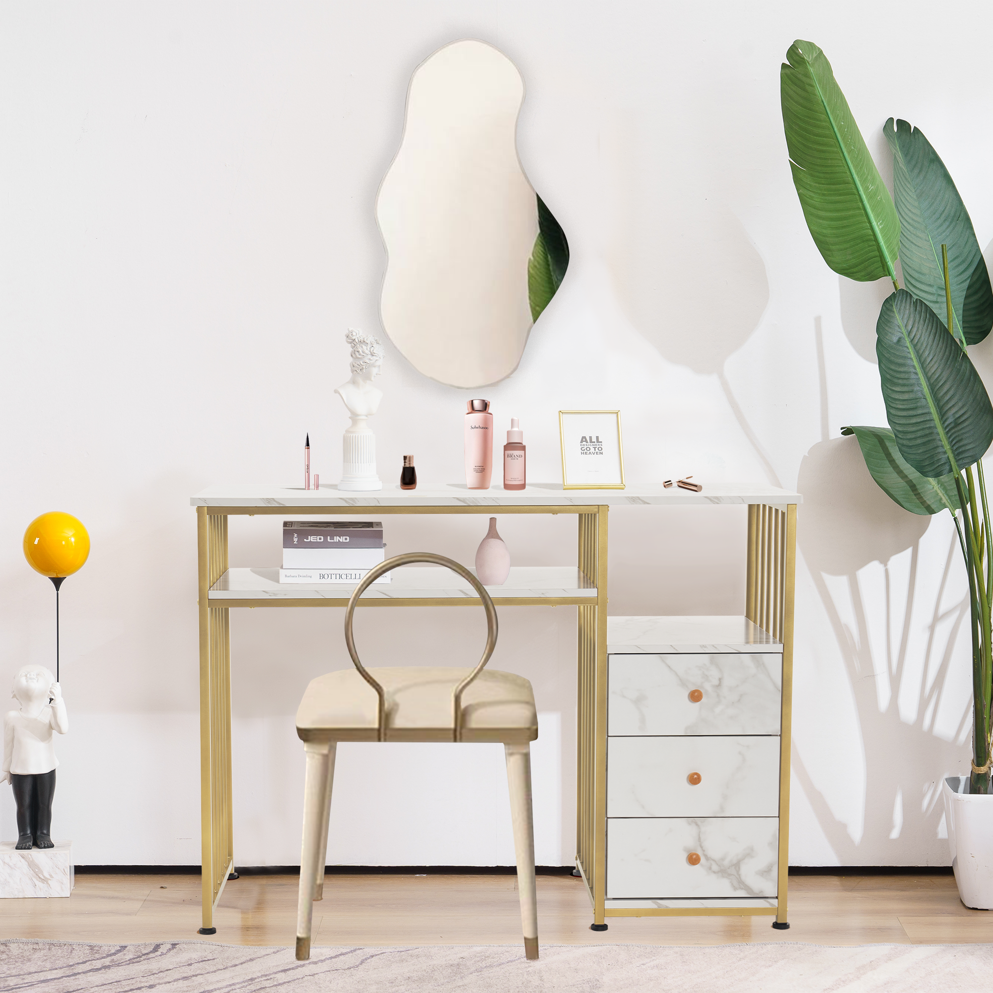 Bureau met lades, kaptafel zonder spiegel, nageltafel, hout met metalen frame – foto 3