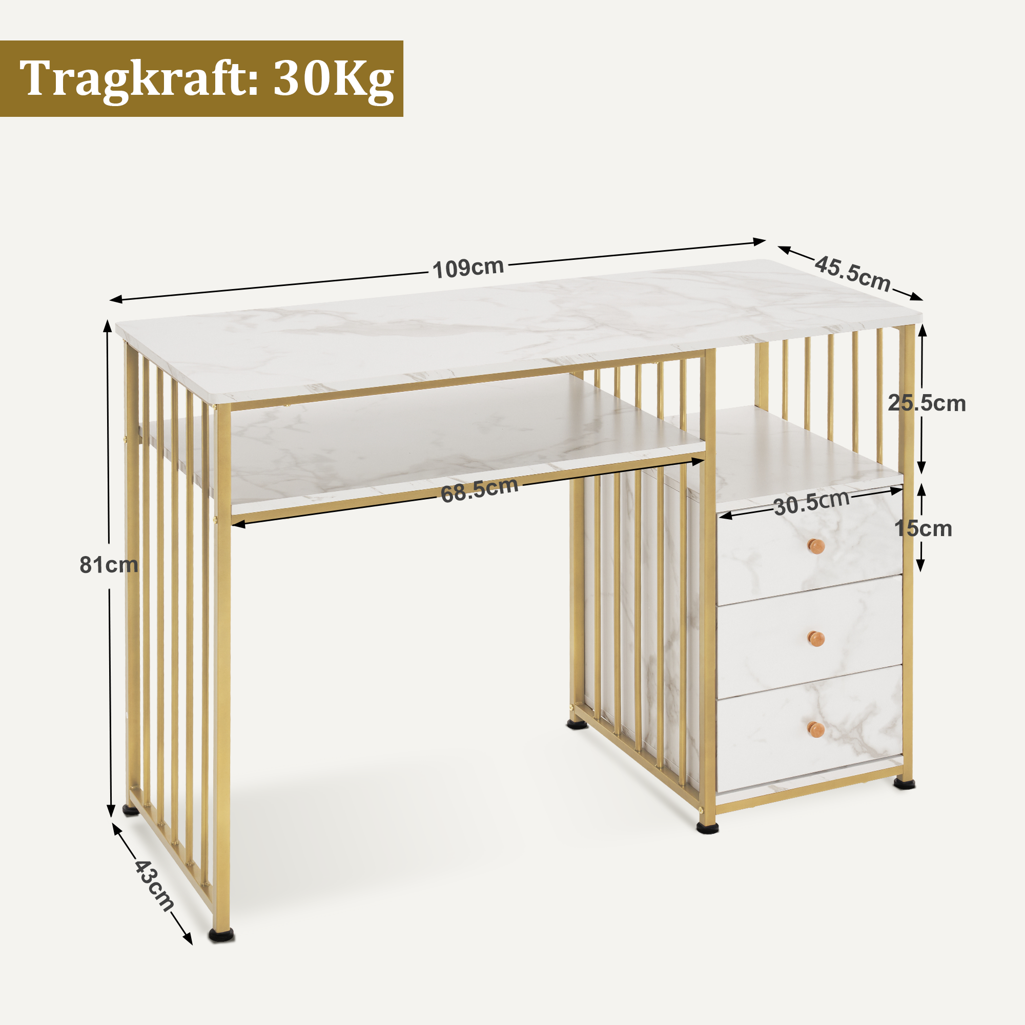 Bureau met lades, kaptafel zonder spiegel, nageltafel, hout met metalen frame – foto 4