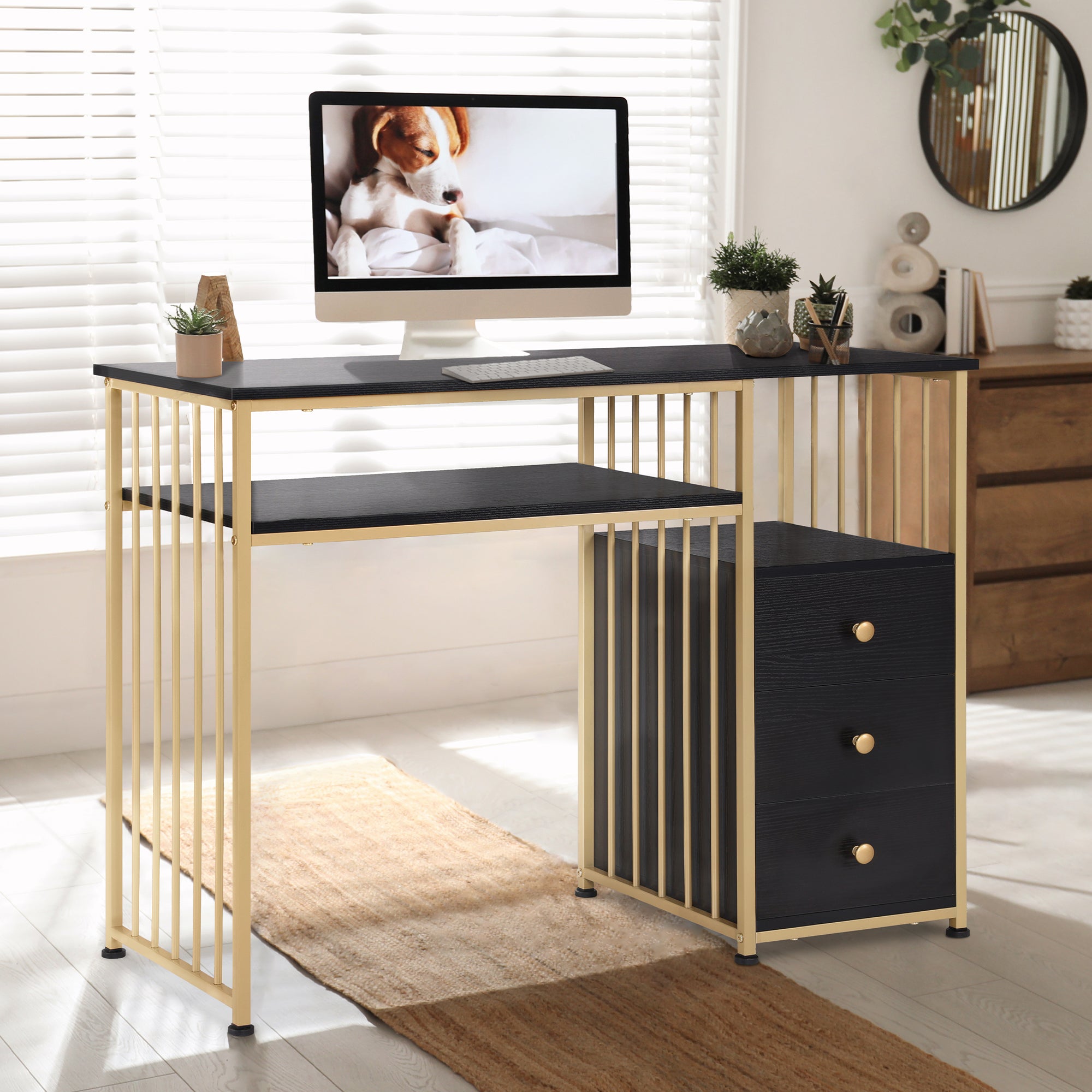 Bureau met lades, kaptafel zonder spiegel, nageltafel, hout met metalen frame – foto 9