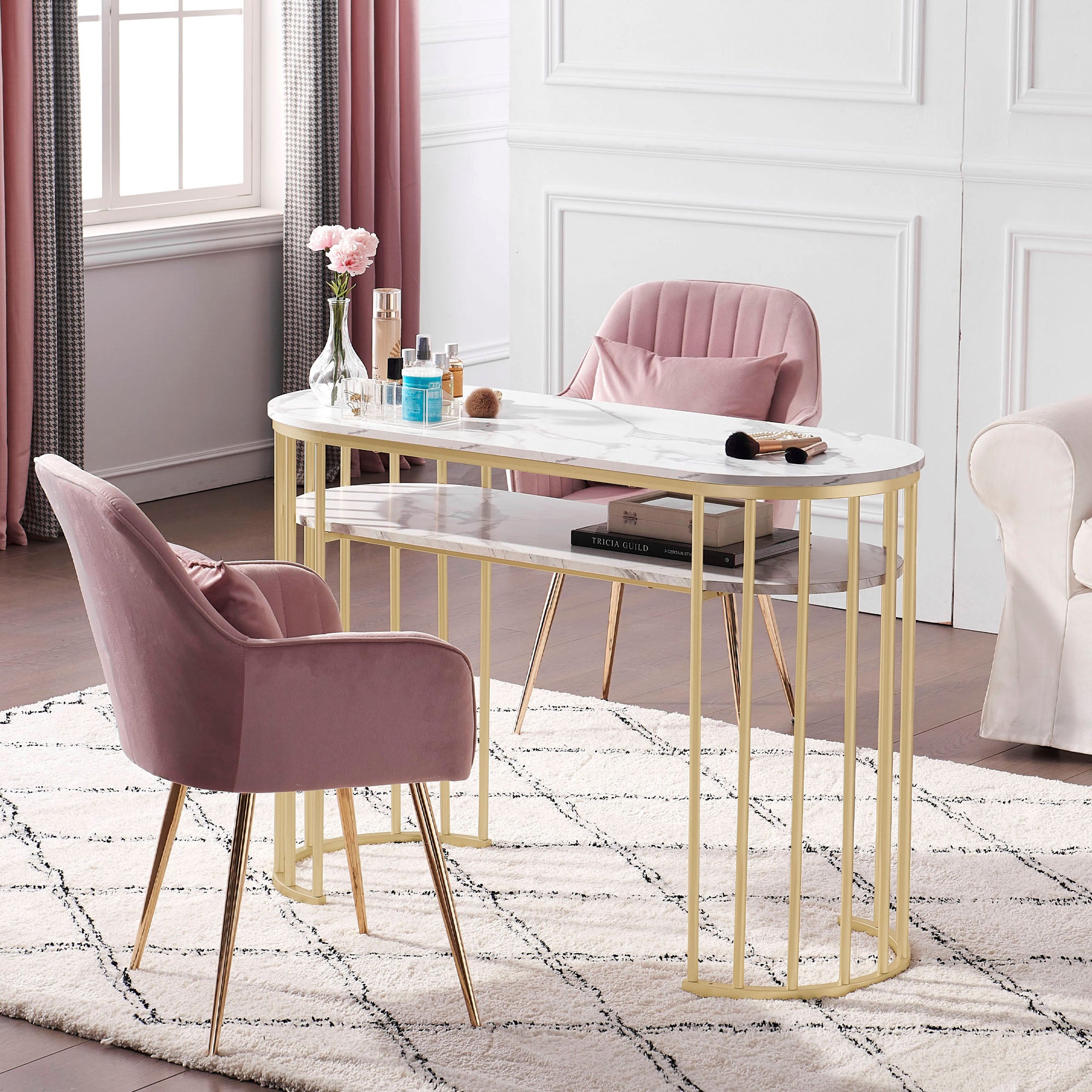 Bureau zonder lades, Manicuretafel, Wit Marmer/Goud, 45x114x78cm – foto 2