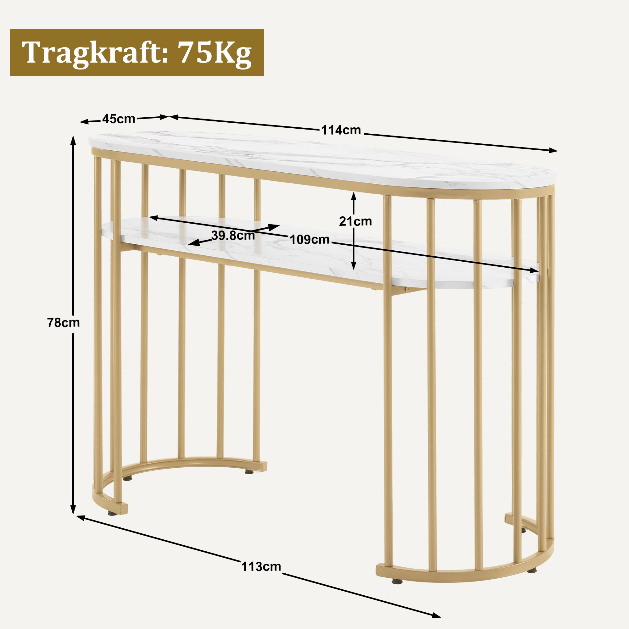 Bureau zonder lades, Manicuretafel, Wit Marmer/Goud, 45x114x78cm – foto 3