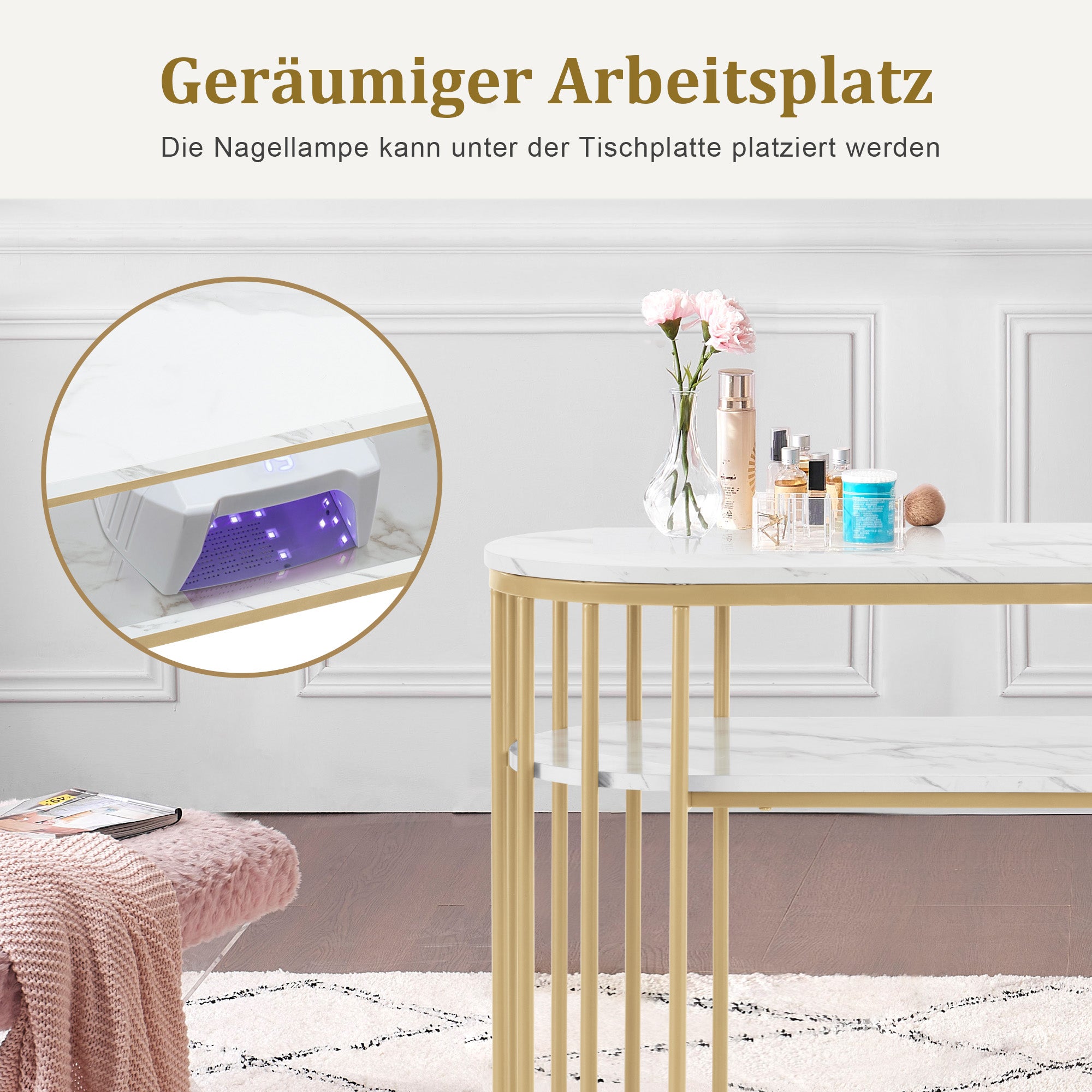 Bureau zonder lades, Manicuretafel, Wit Marmer/Goud, 45x114x78cm – foto 4