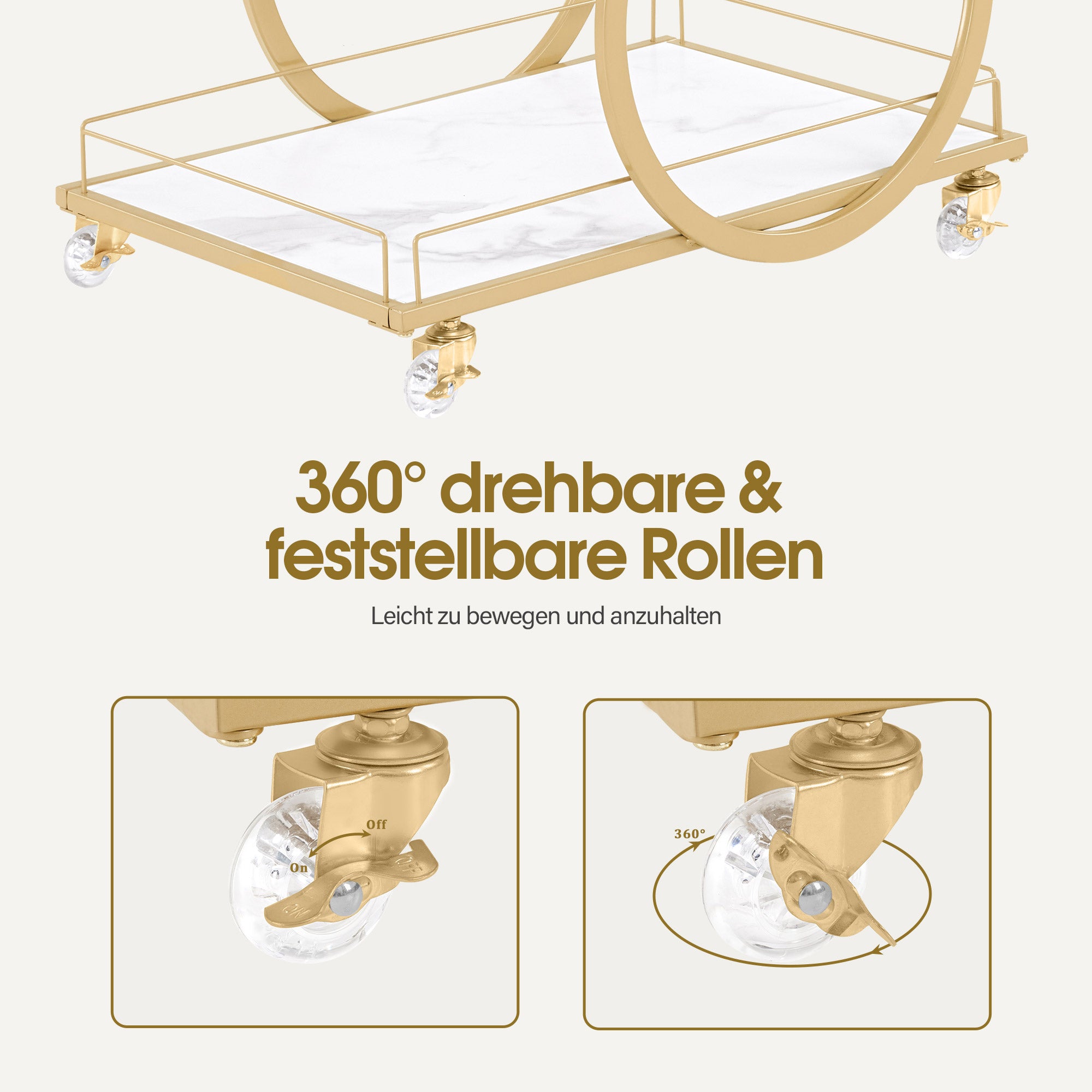 Serveerwagen op Wielen, Wit-Goud, 3 Niveaus, Keuken/Bad/Woon, 65x43x70cm – foto 5
