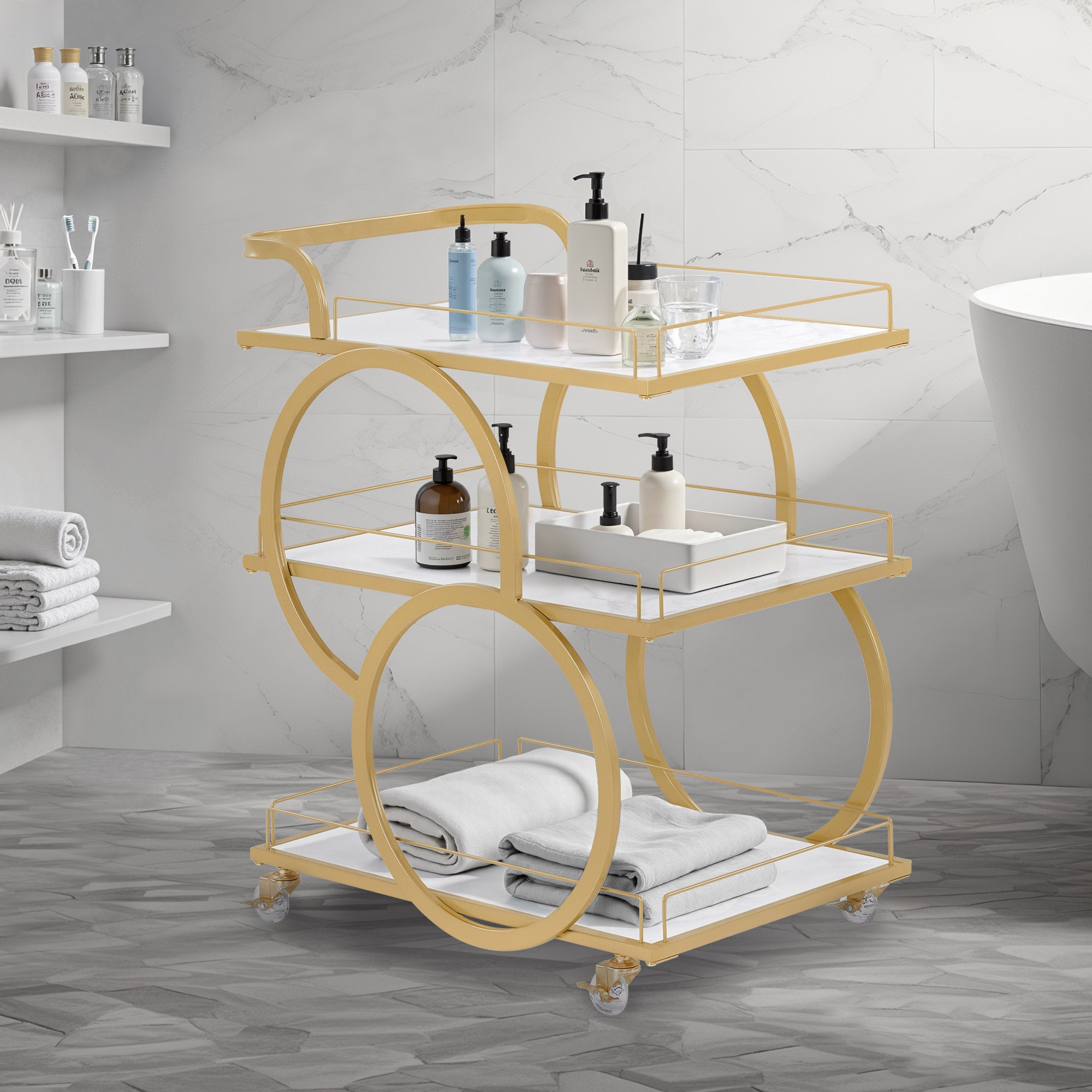 Serveerwagen op Wielen, Wit-Goud, 3 Niveaus, Keuken/Bad/Woon, 65x43x70cm – foto 6