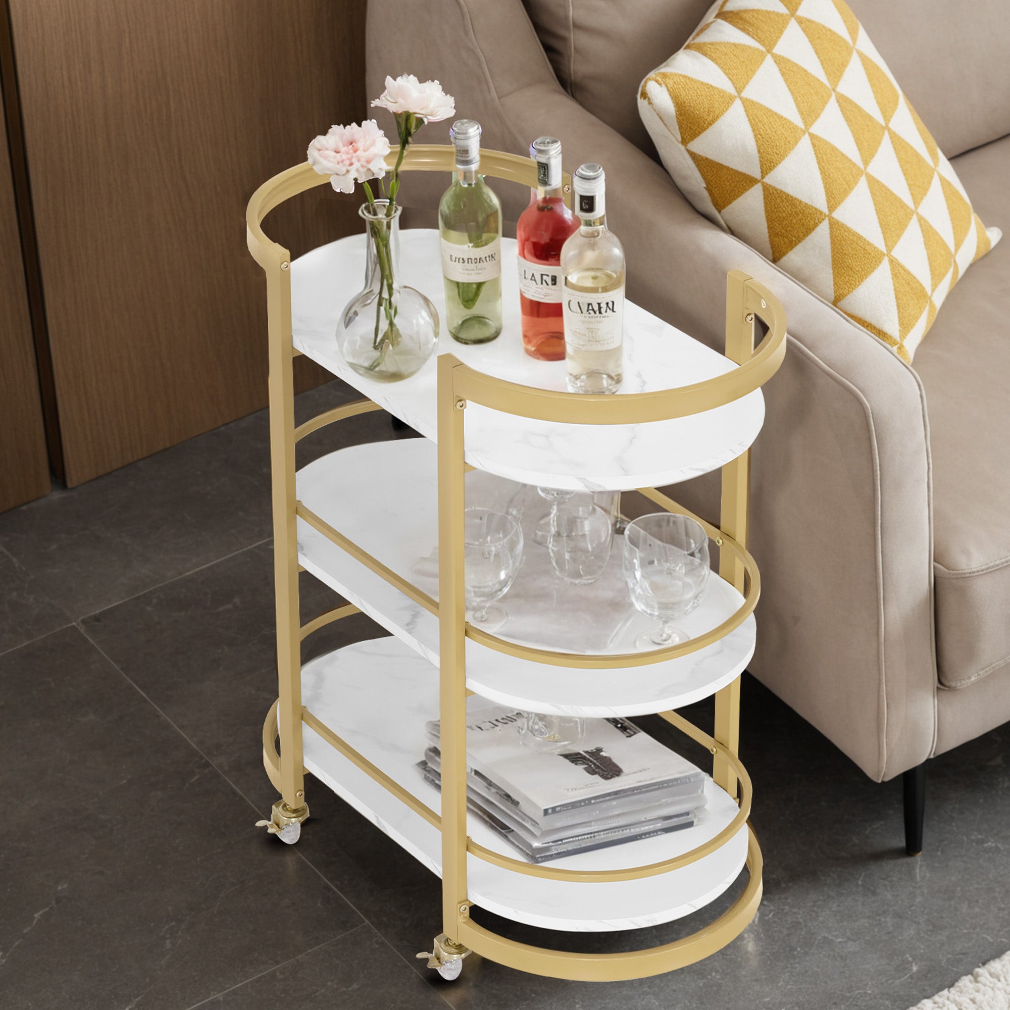 Serveerwagen met wielen, Barwagen Metaal Wit-Goud, 3 niveaus, 40x75.5x80 – foto 2