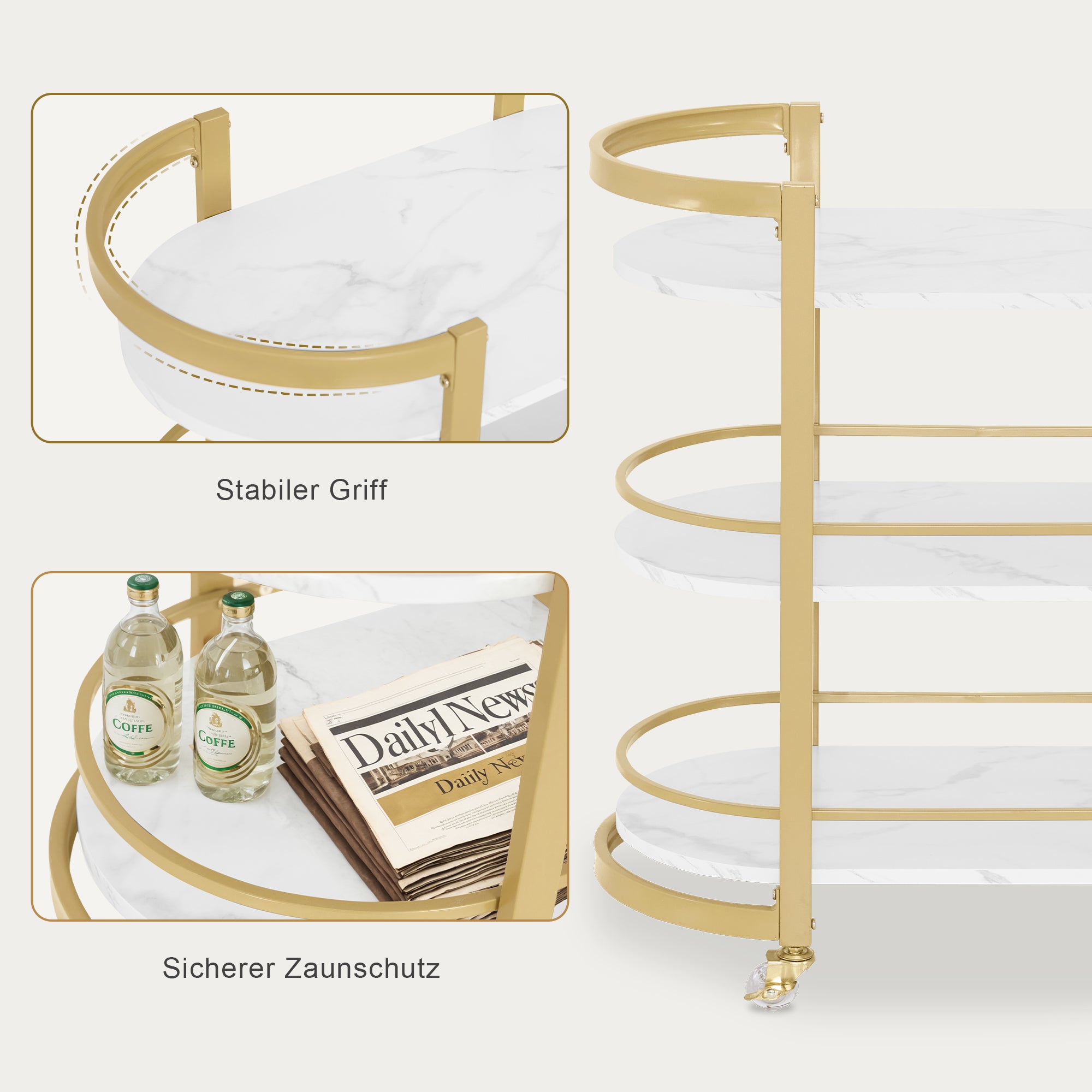 Serveerwagen met wielen, Barwagen Metaal Wit-Goud, 3 niveaus, 40x75.5x80 – foto 4
