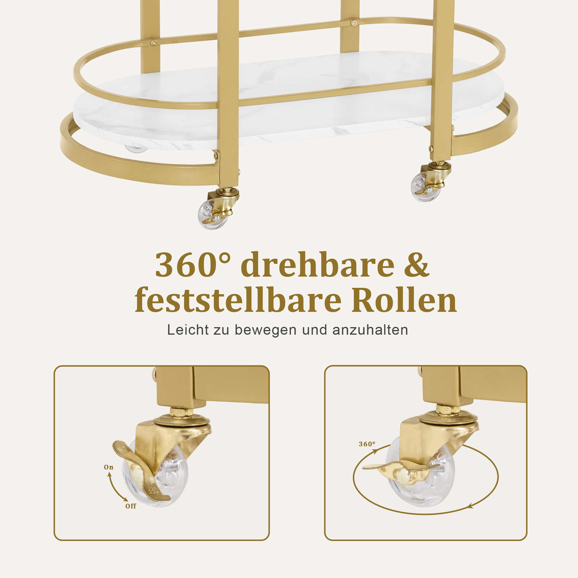 Serveerwagen met wielen, Barwagen Metaal Wit-Goud, 3 niveaus, 40x75.5x80 – foto 5