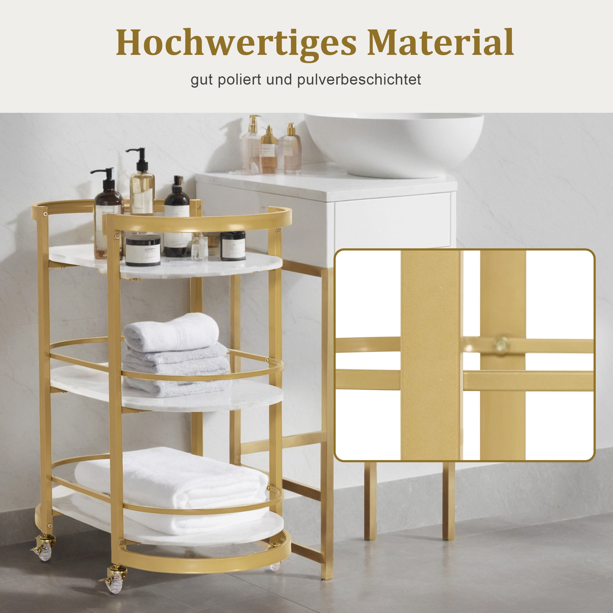 Serveerwagen met wielen, Barwagen Metaal Wit-Goud, 3 niveaus, 40x75.5x80 – foto 7