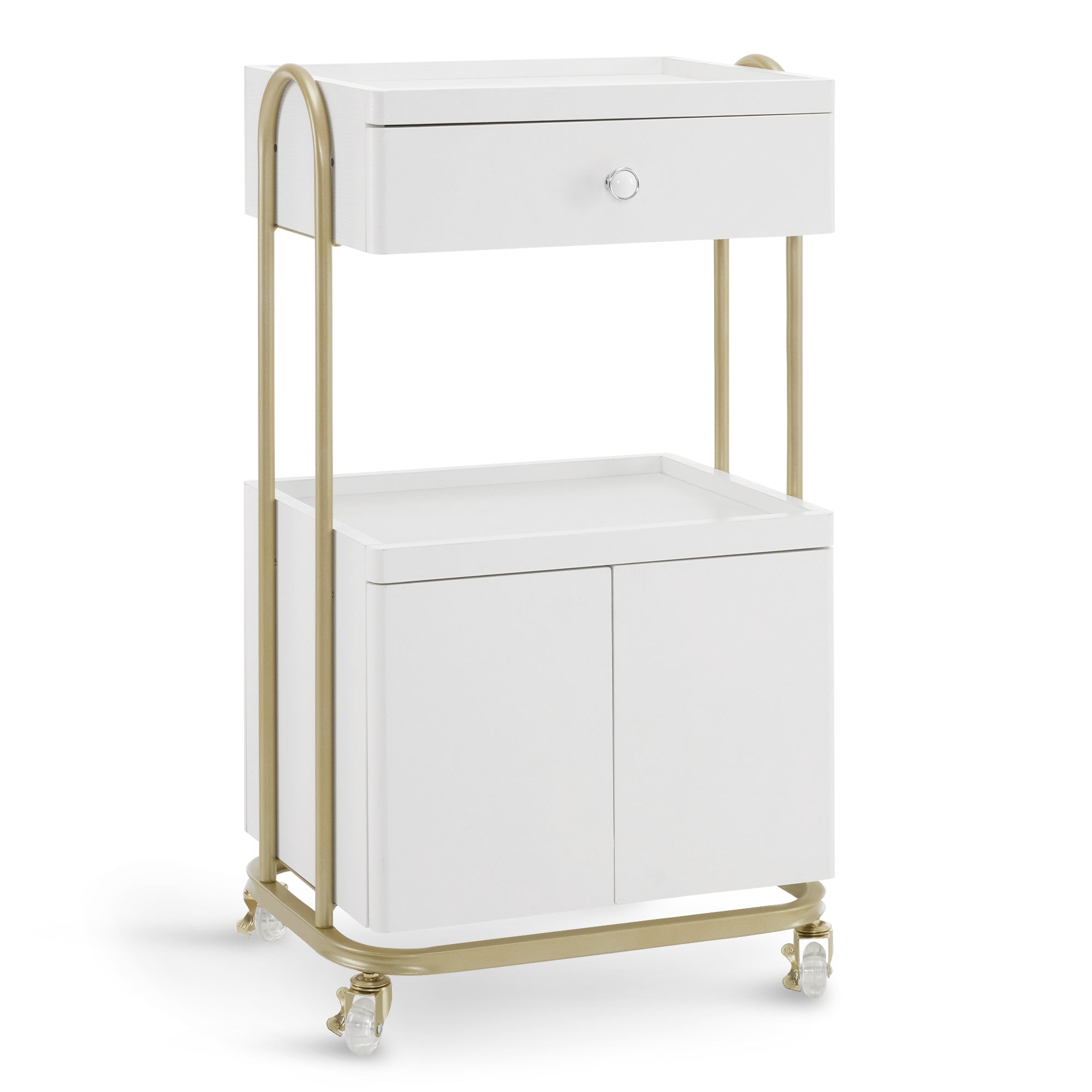 Serveerwagen met wielen & lade, Kapperstrolley Wit-Goud, 2 planken, 36x50x87cm – foto 1