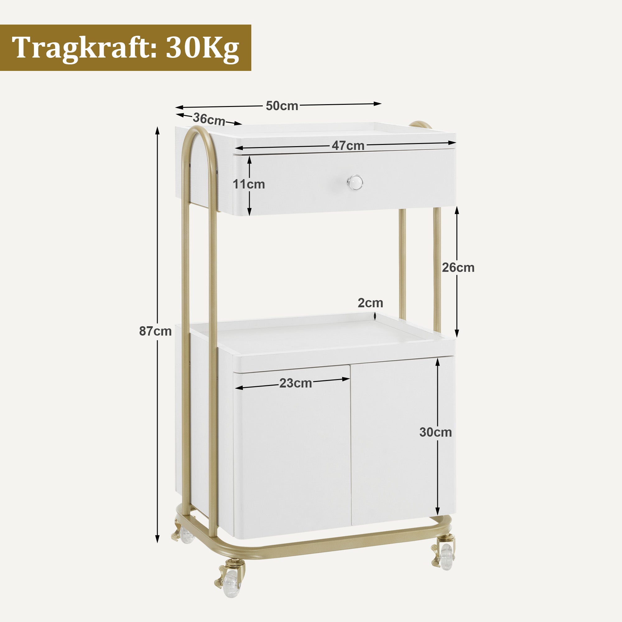 Serveerwagen met wielen & lade, Kapperstrolley Wit-Goud, 2 planken, 36x50x87cm – foto 3