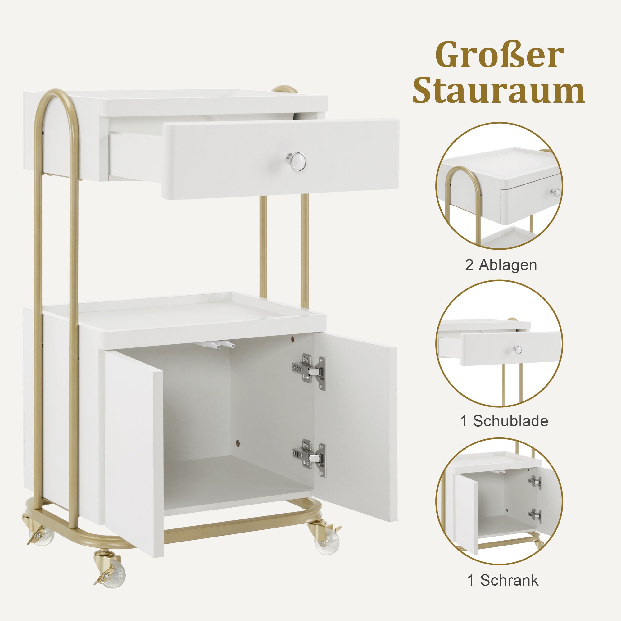 Serveerwagen met wielen & lade, Kapperstrolley Wit-Goud, 2 planken, 36x50x87cm – foto 4