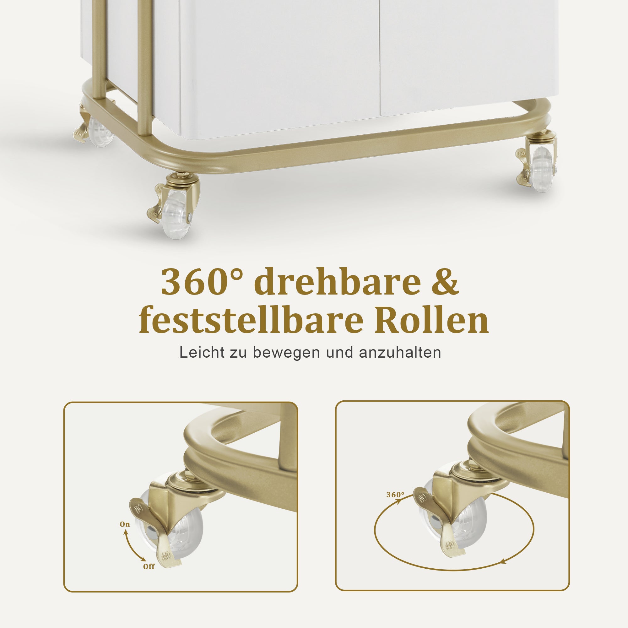 Serveerwagen met wielen & lade, Kapperstrolley Wit-Goud, 2 planken, 36x50x87cm – foto 6