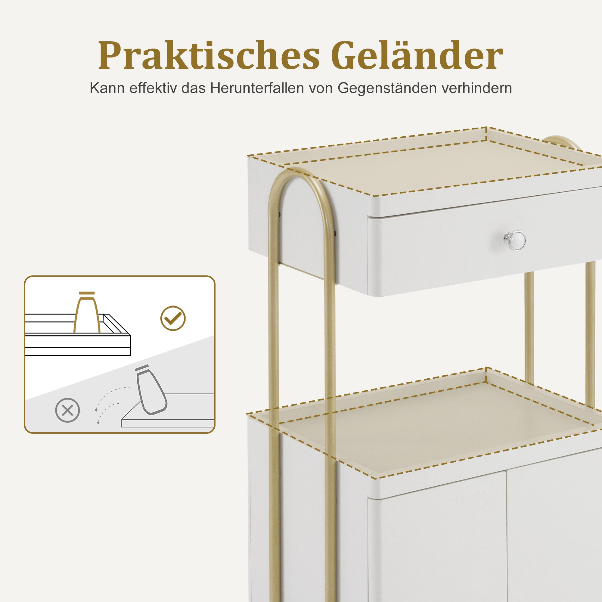 Serveerwagen met wielen & lade, Kapperstrolley Wit-Goud, 2 planken, 36x50x87cm – foto 7