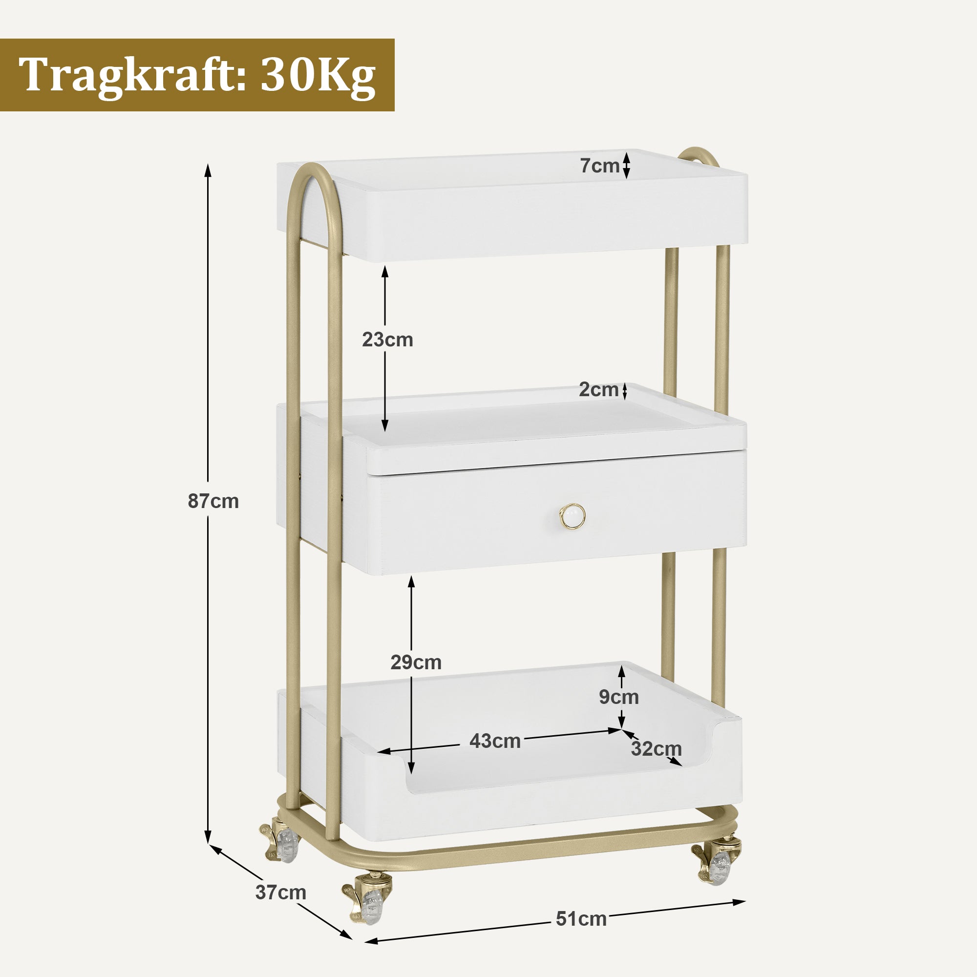 Serveerwagen op Wielen met Lade, Wit-Goud, 3 Legborden, 37x51x87cm – foto 3
