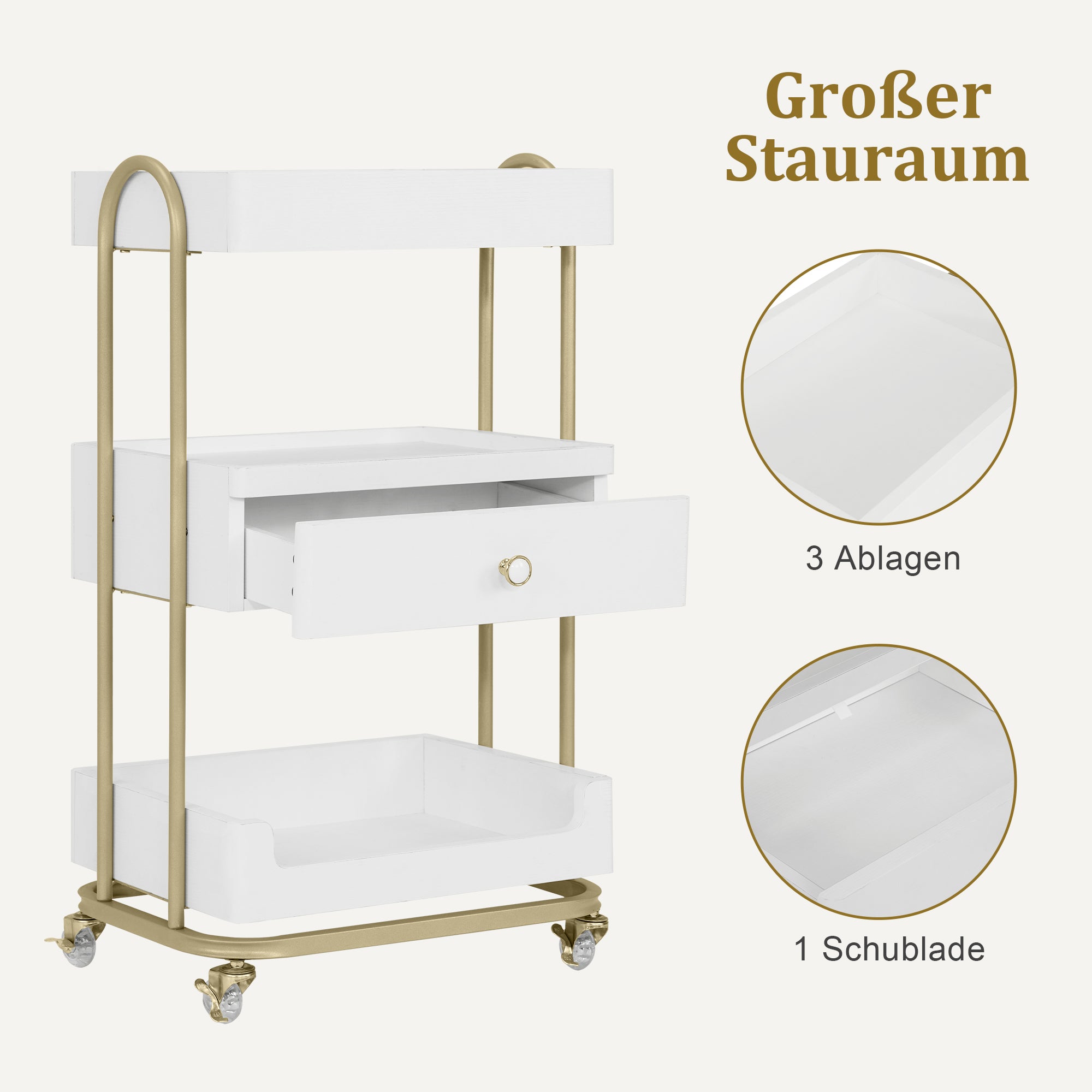 Serveerwagen op Wielen met Lade, Wit-Goud, 3 Legborden, 37x51x87cm – foto 4