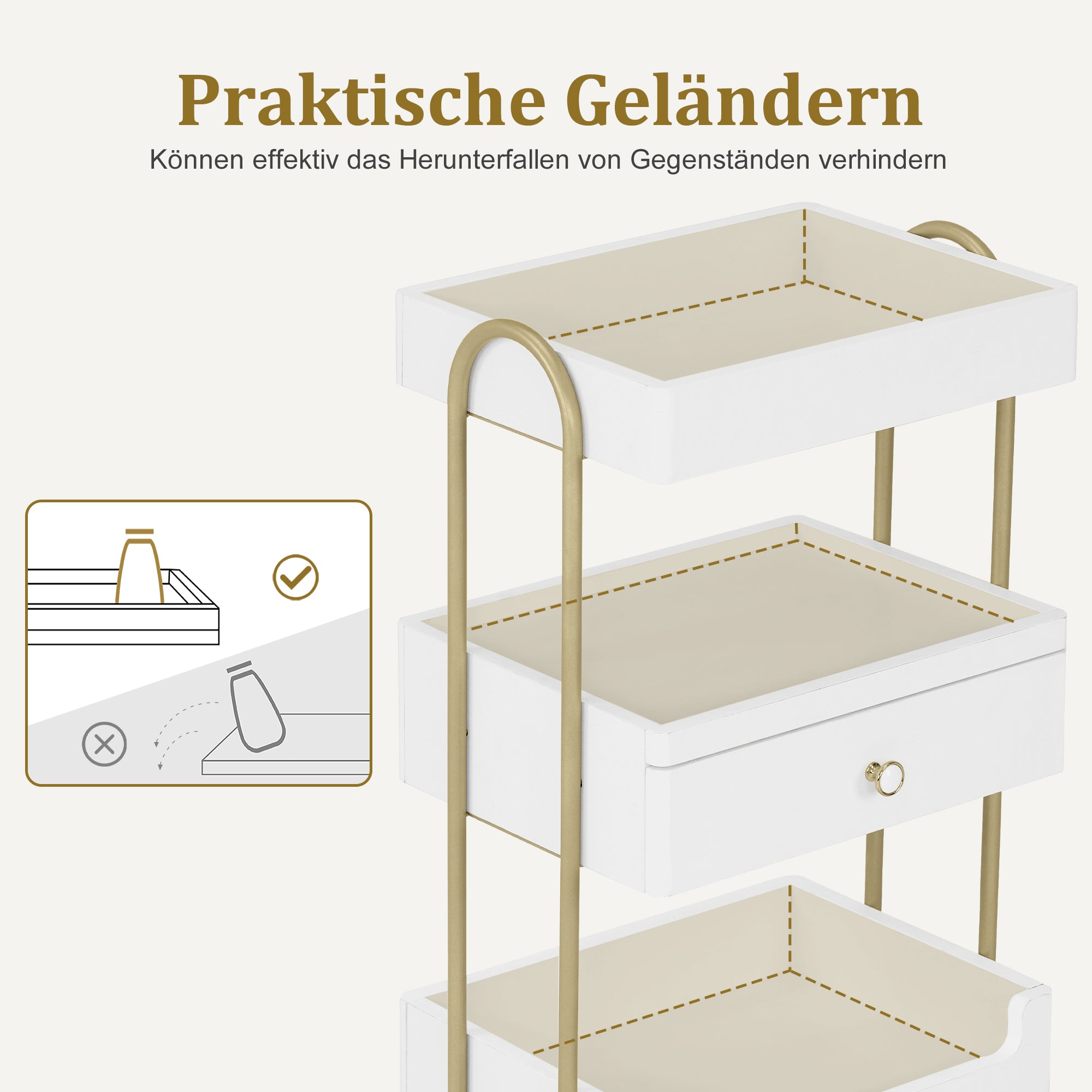Serveerwagen op Wielen met Lade, Wit-Goud, 3 Legborden, 37x51x87cm – foto 5