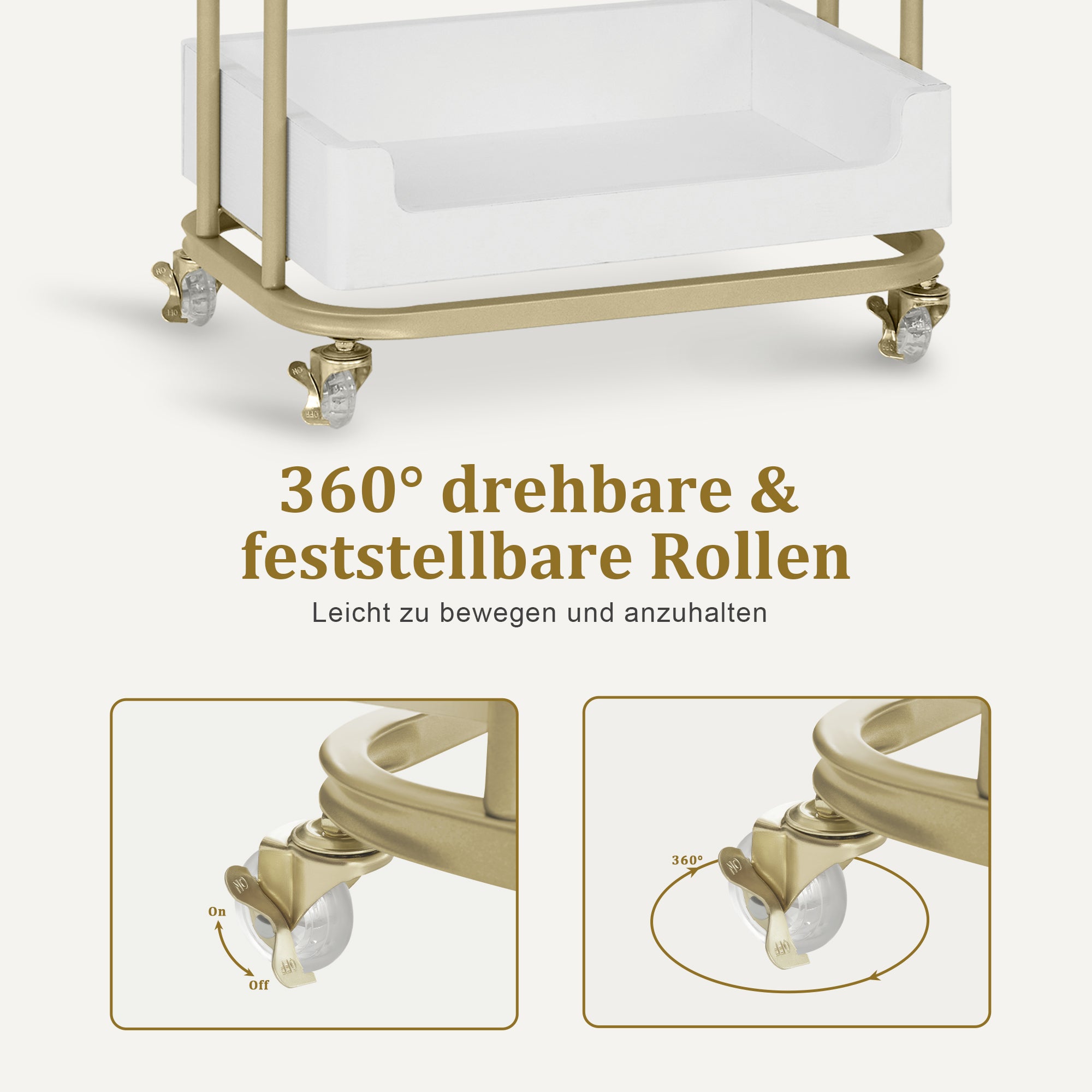 Serveerwagen op Wielen met Lade, Wit-Goud, 3 Legborden, 37x51x87cm – foto 6