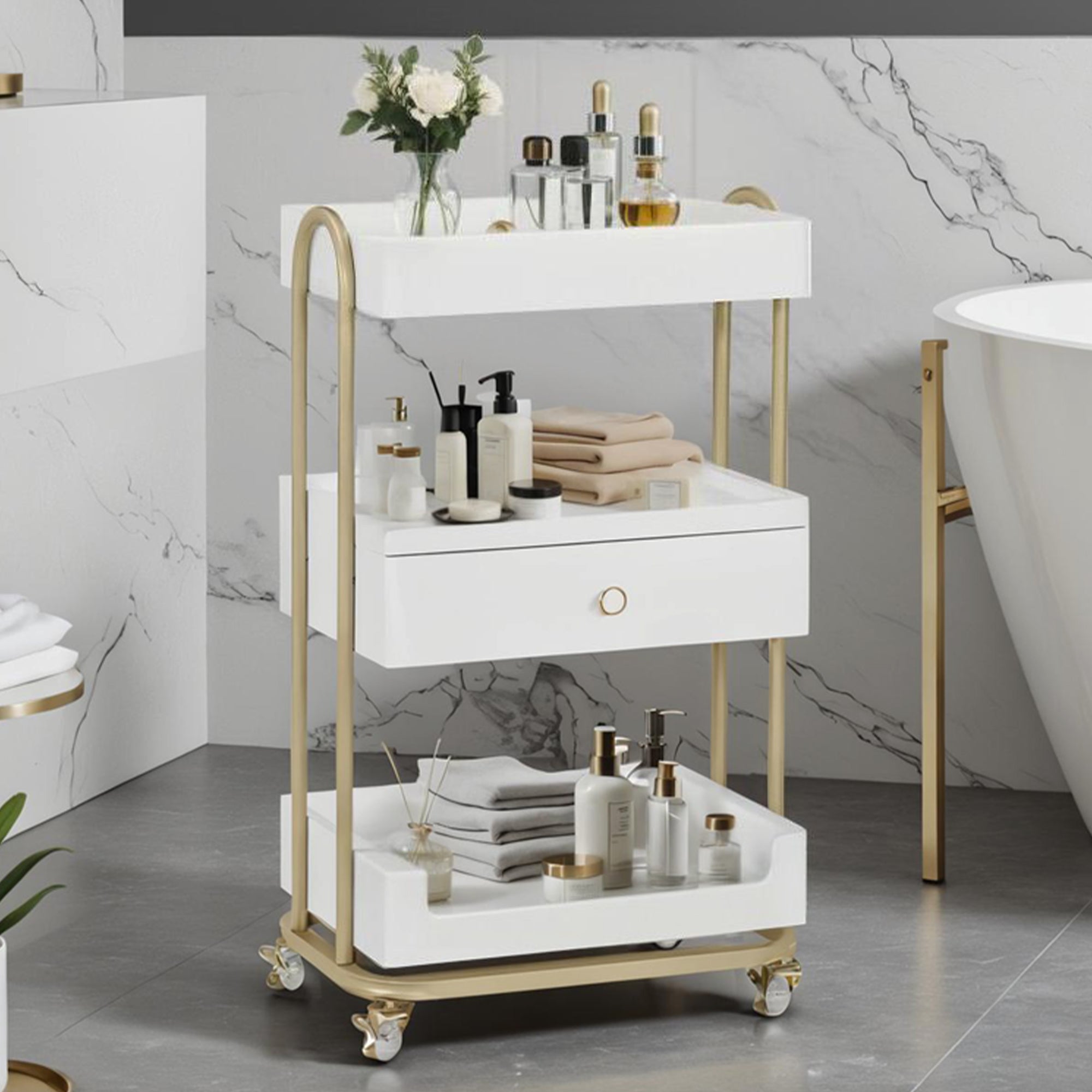 Serveerwagen op Wielen met Lade, Wit-Goud, 3 Legborden, 37x51x87cm – foto 7