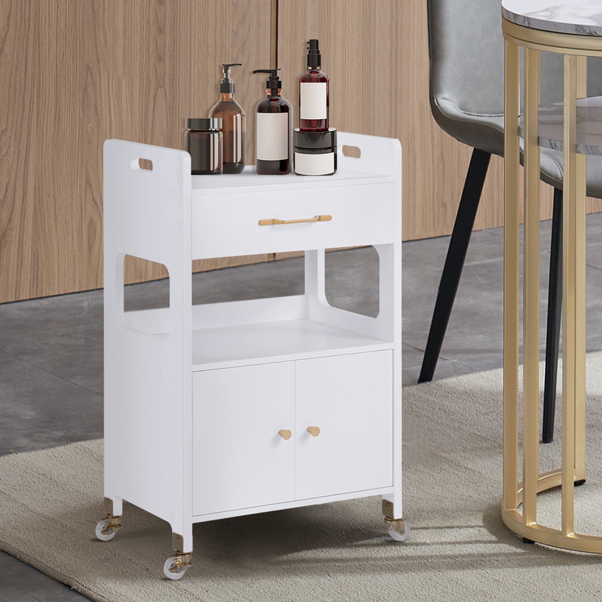 Serveerwagen met wielen & lades, Kapperstrolley Wit, 2 planken, 35x48x80.5cm – foto 2
