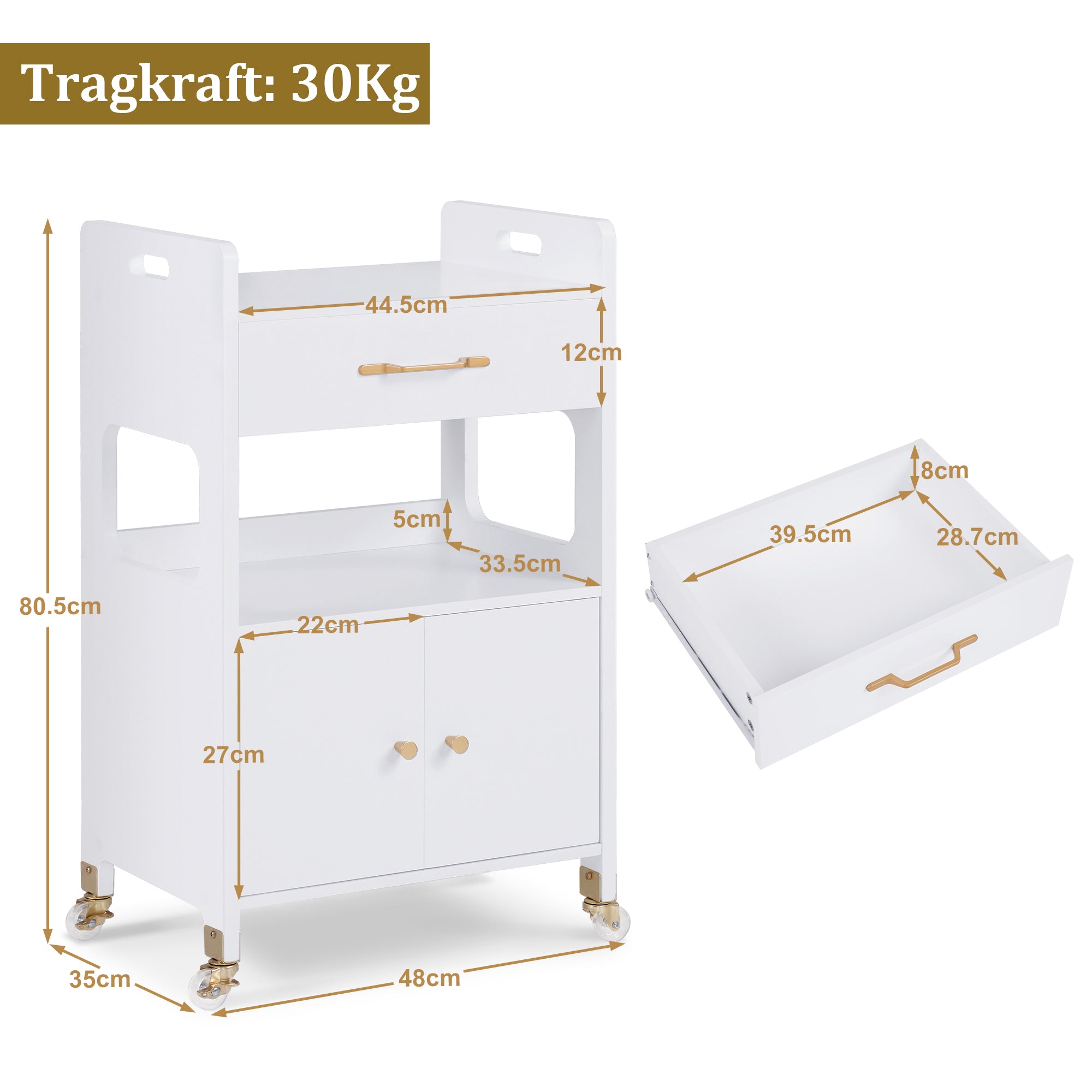 Serveerwagen met wielen & lades, Kapperstrolley Wit, 2 planken, 35x48x80.5cm – foto 4