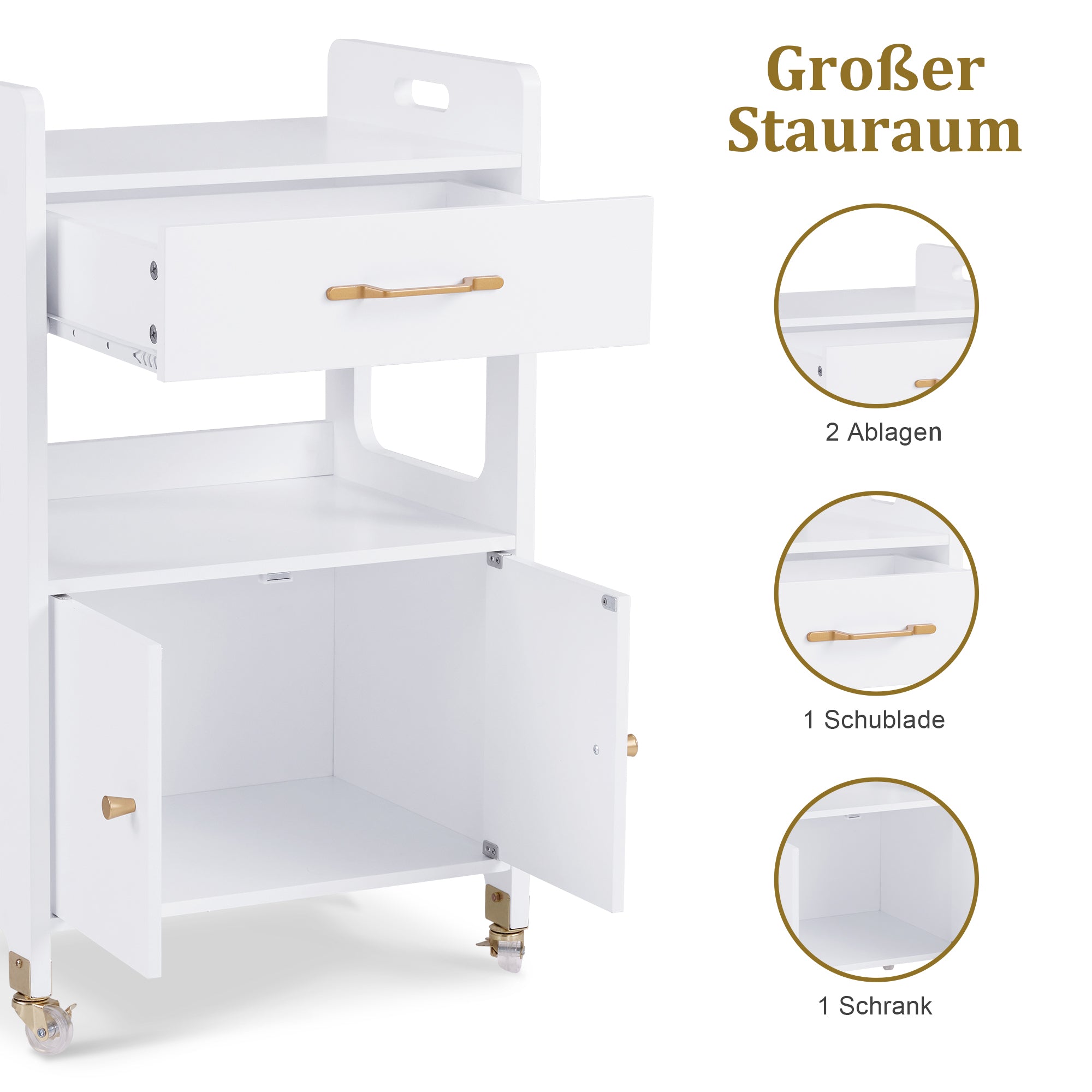 Serveerwagen met wielen & lades, Kapperstrolley Wit, 2 planken, 35x48x80.5cm – foto 5