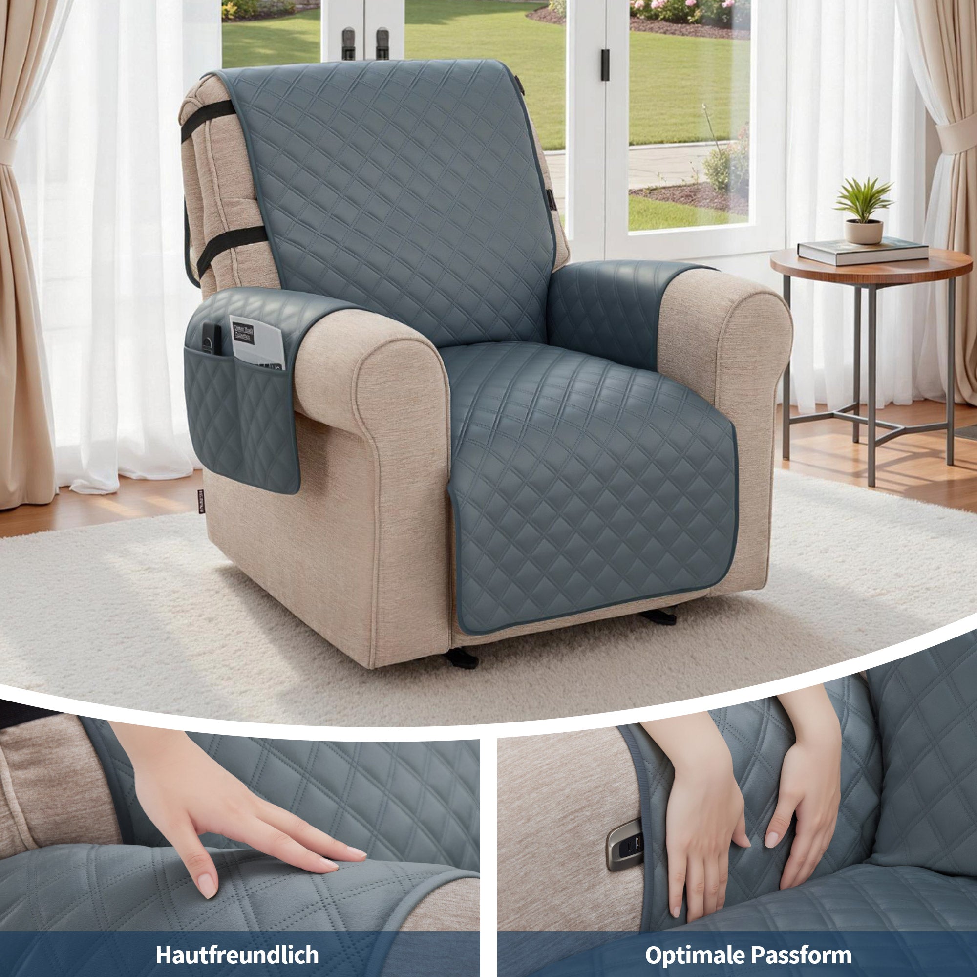 Fauteuilbeschermer voor relaxfauteuil, waterdicht, antislip, met armleuning en zakken (grijs/fluweel) – foto 2