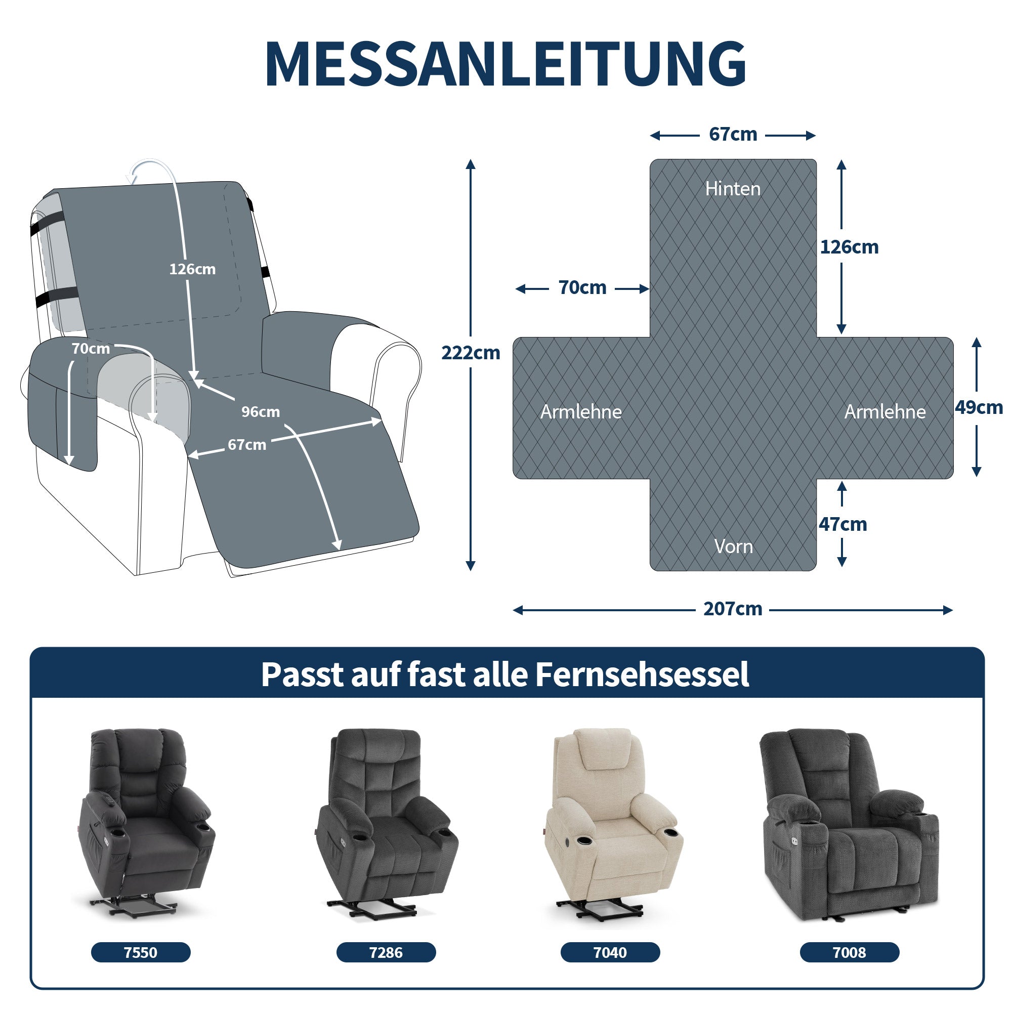 Fauteuilbeschermer voor relaxfauteuil, waterdicht, antislip, met armleuning en zakken (grijs/fluweel) – foto 3