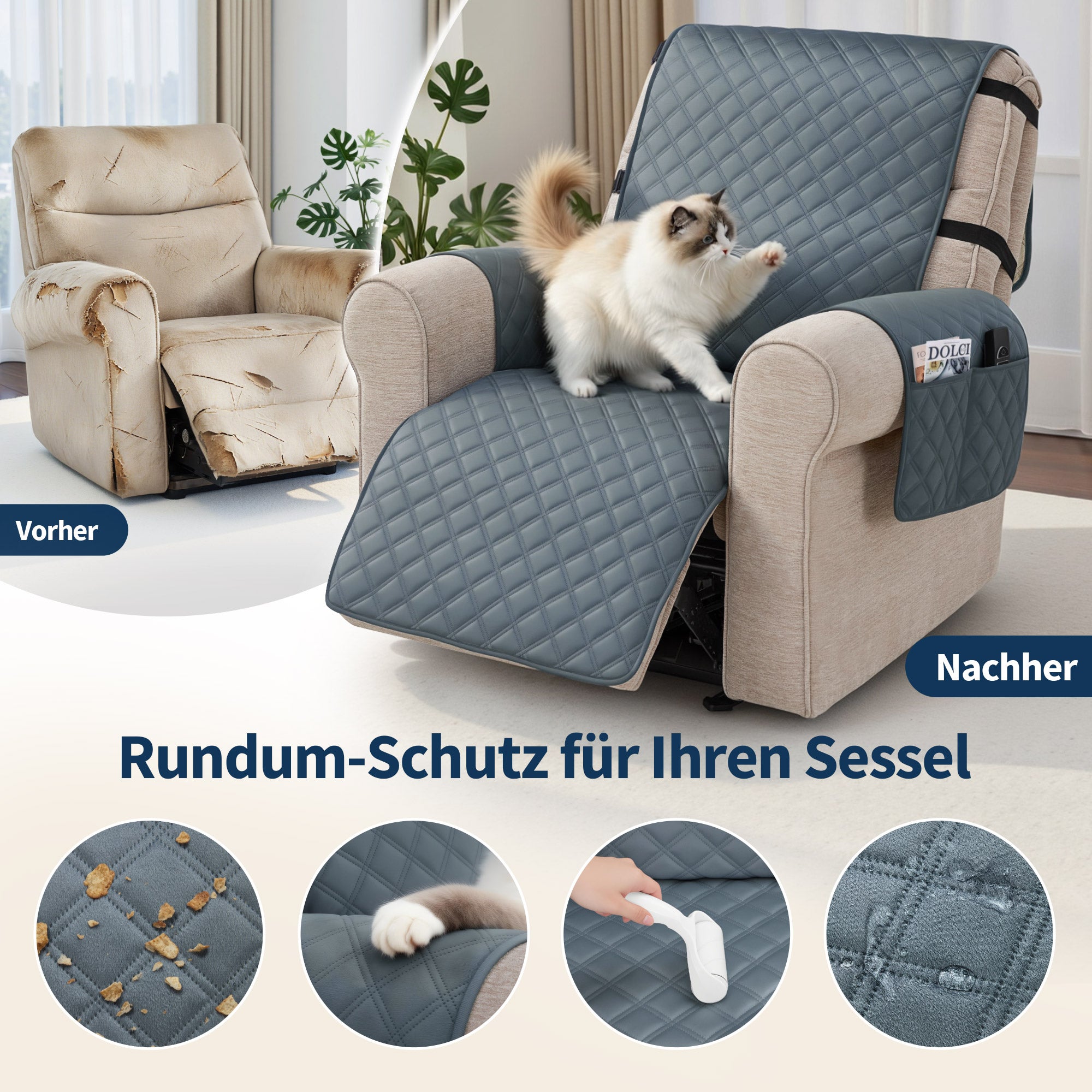 Fauteuilbeschermer voor relaxfauteuil, waterdicht, antislip, met armleuning en zakken (grijs/fluweel) – foto 4