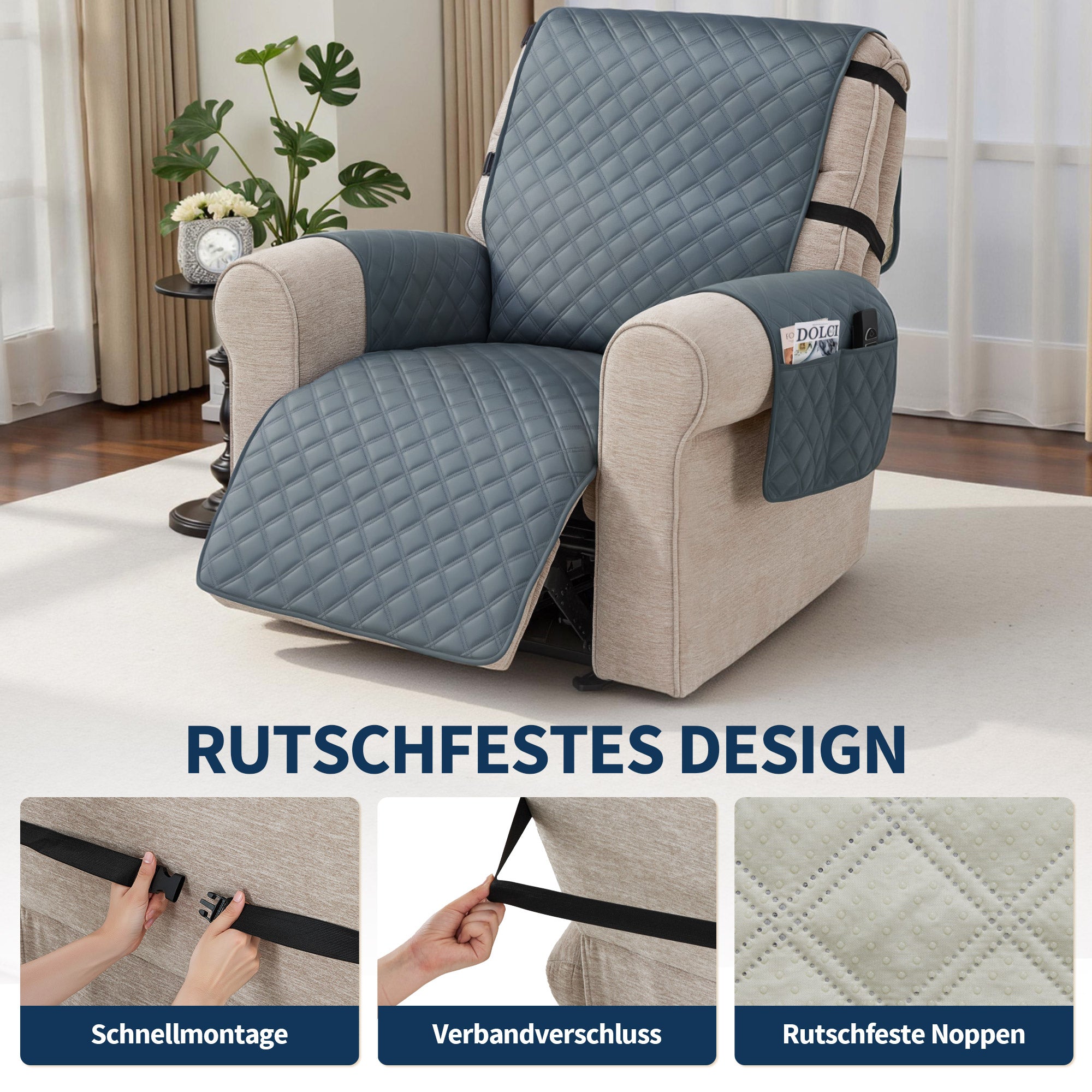 Fauteuilbeschermer voor relaxfauteuil, waterdicht, antislip, met armleuning en zakken (grijs/fluweel) – foto 6