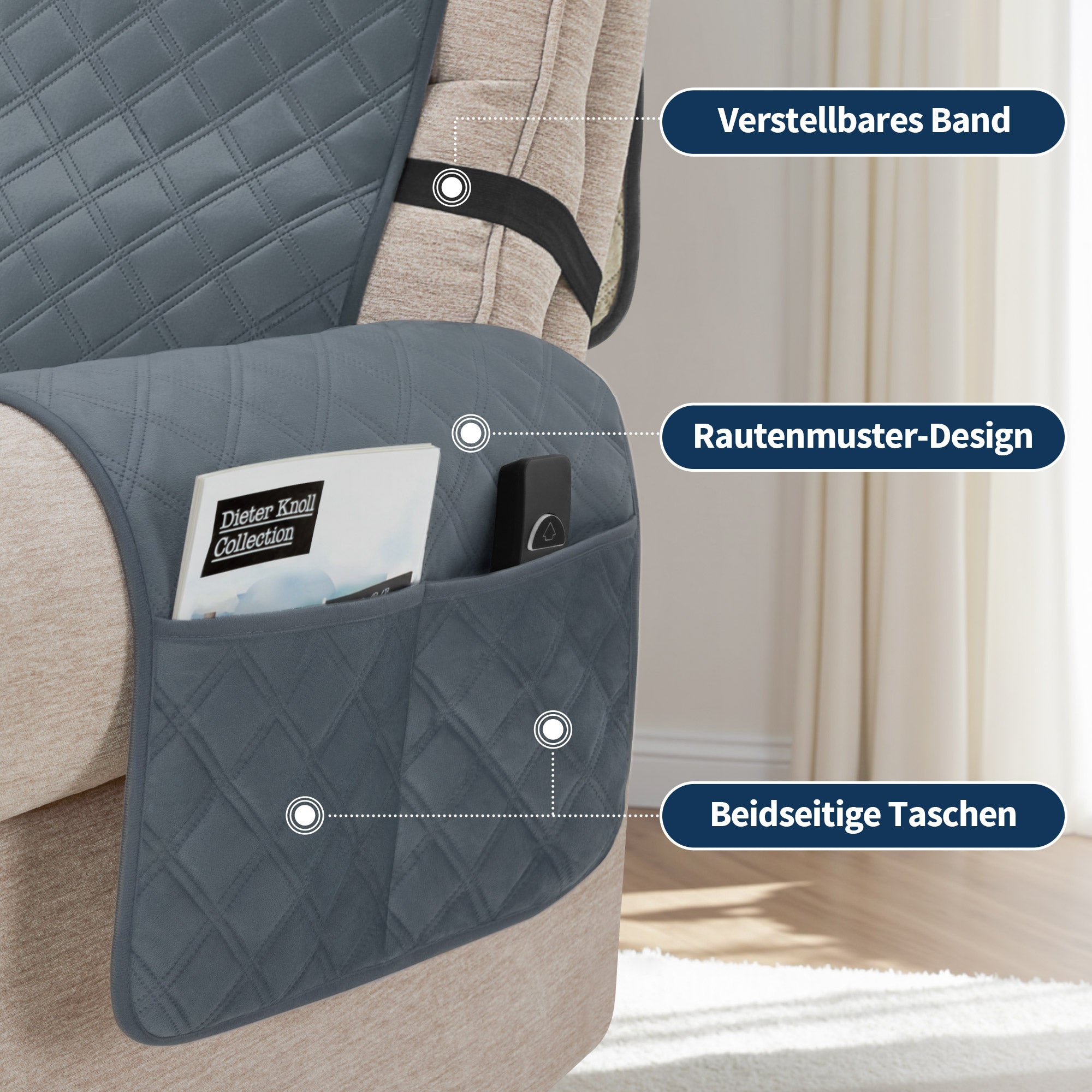 Fauteuilbeschermer voor relaxfauteuil, waterdicht, antislip, met armleuning en zakken (grijs/fluweel) – foto 8