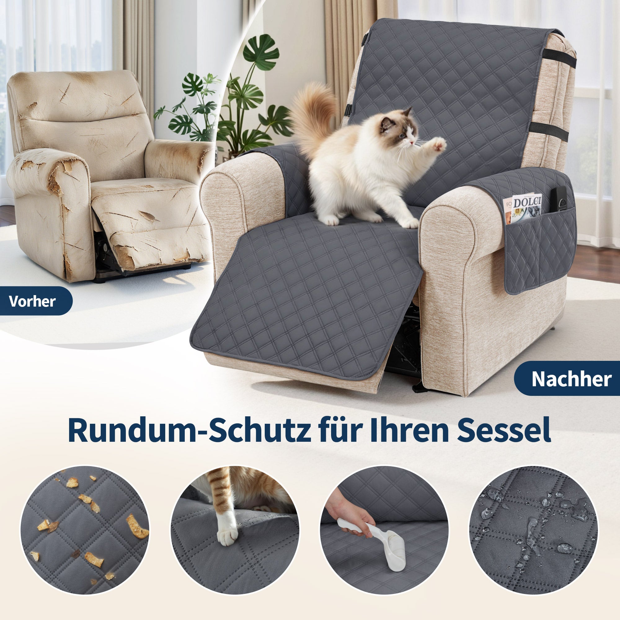 Relaxstoelhoes - waterdicht, antislip & krasbestendig met zakken (donkergrijs) – foto 3