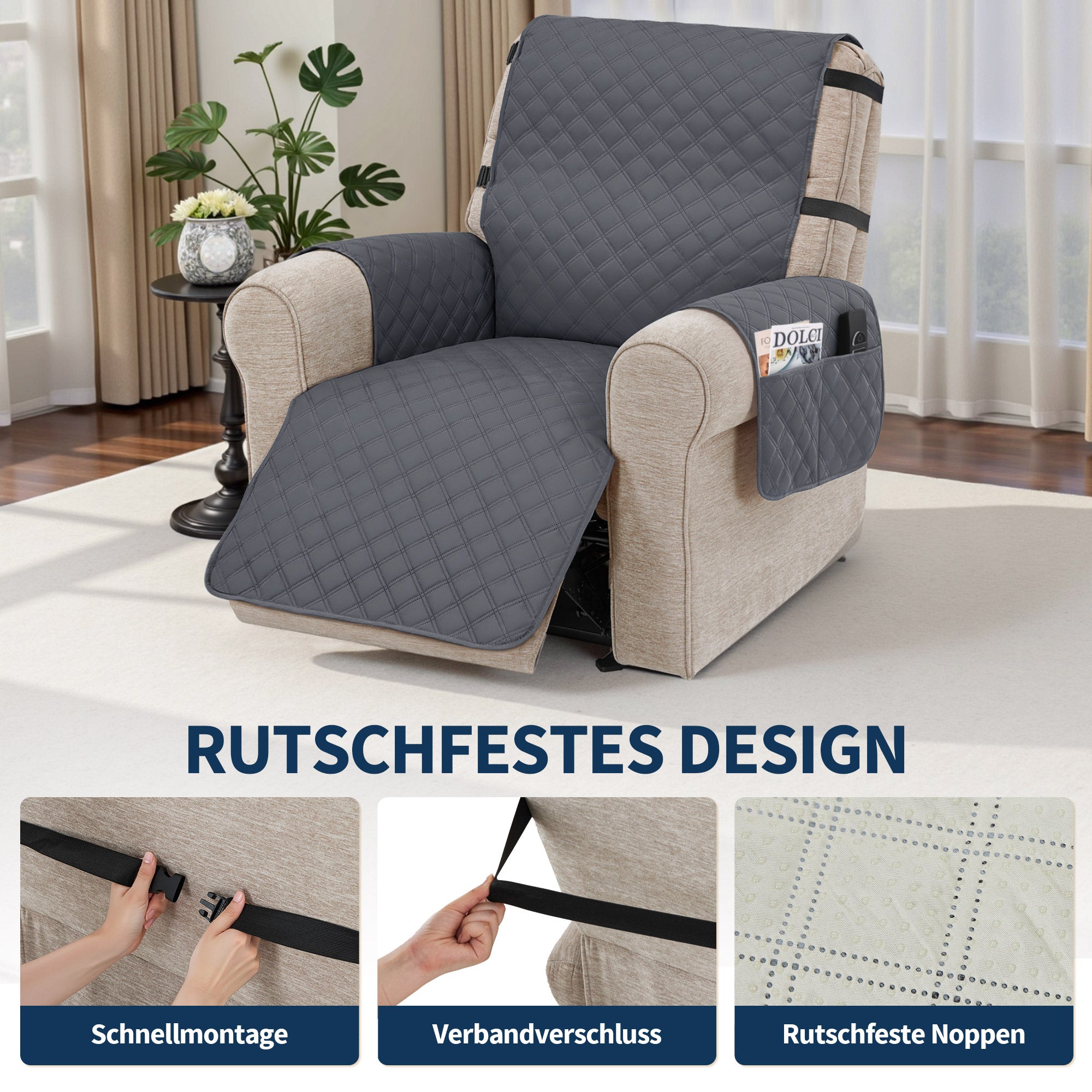 Relaxstoelhoes - waterdicht, antislip & krasbestendig met zakken (donkergrijs) – foto 5