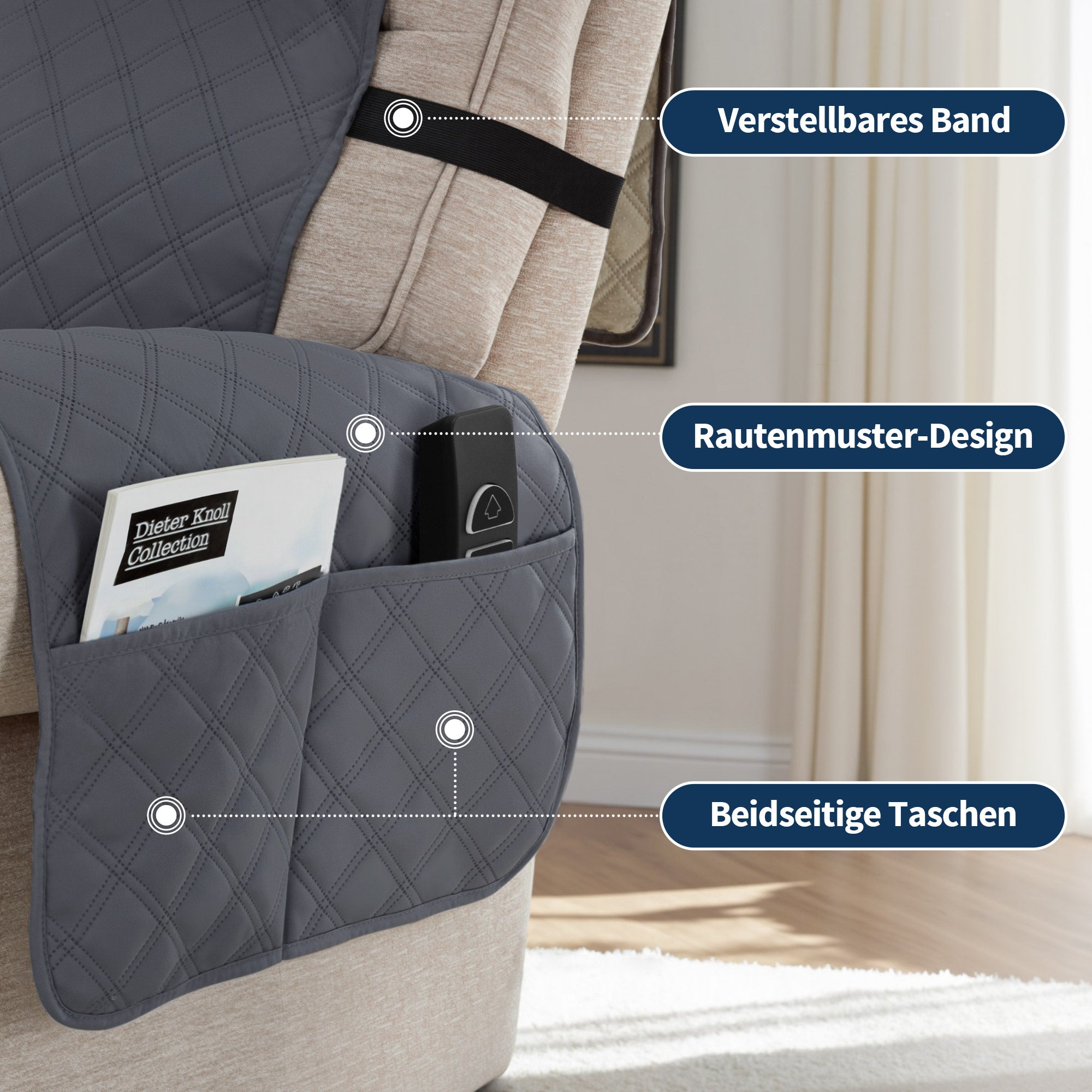 Relaxstoelhoes - waterdicht, antislip & krasbestendig met zakken (donkergrijs) – foto 7