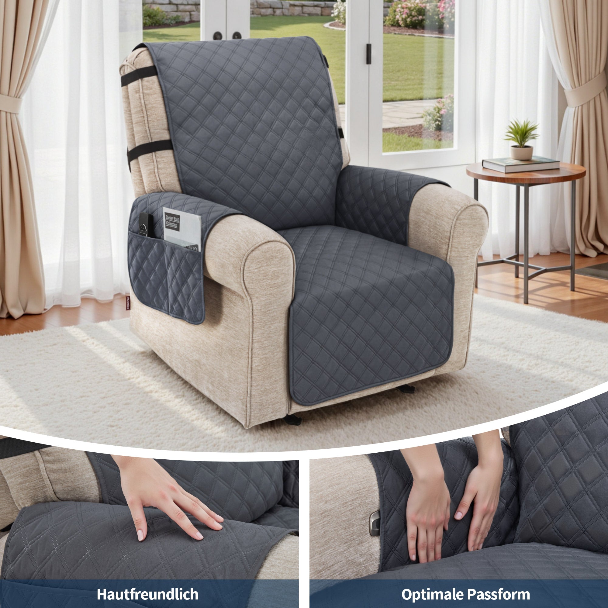 Relaxstoelhoes - waterdicht, antislip & krasbestendig met zakken (donkergrijs) – foto 8