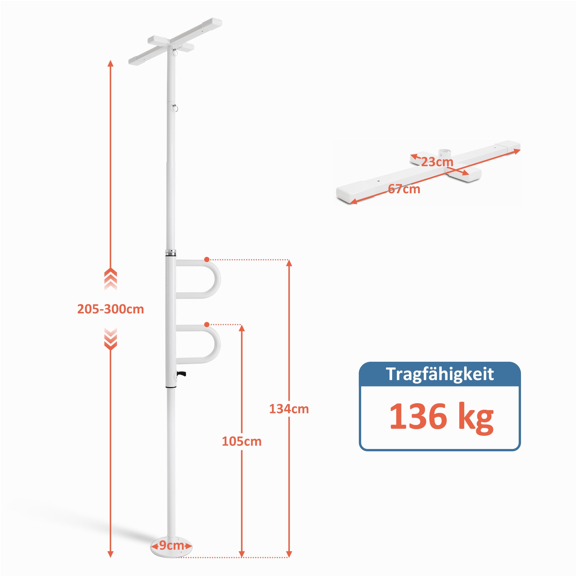 Veiligheidsstang 205-300cm, in hoogte verstelbaar, met 2 draaibare handgrepen (wit) – foto 6