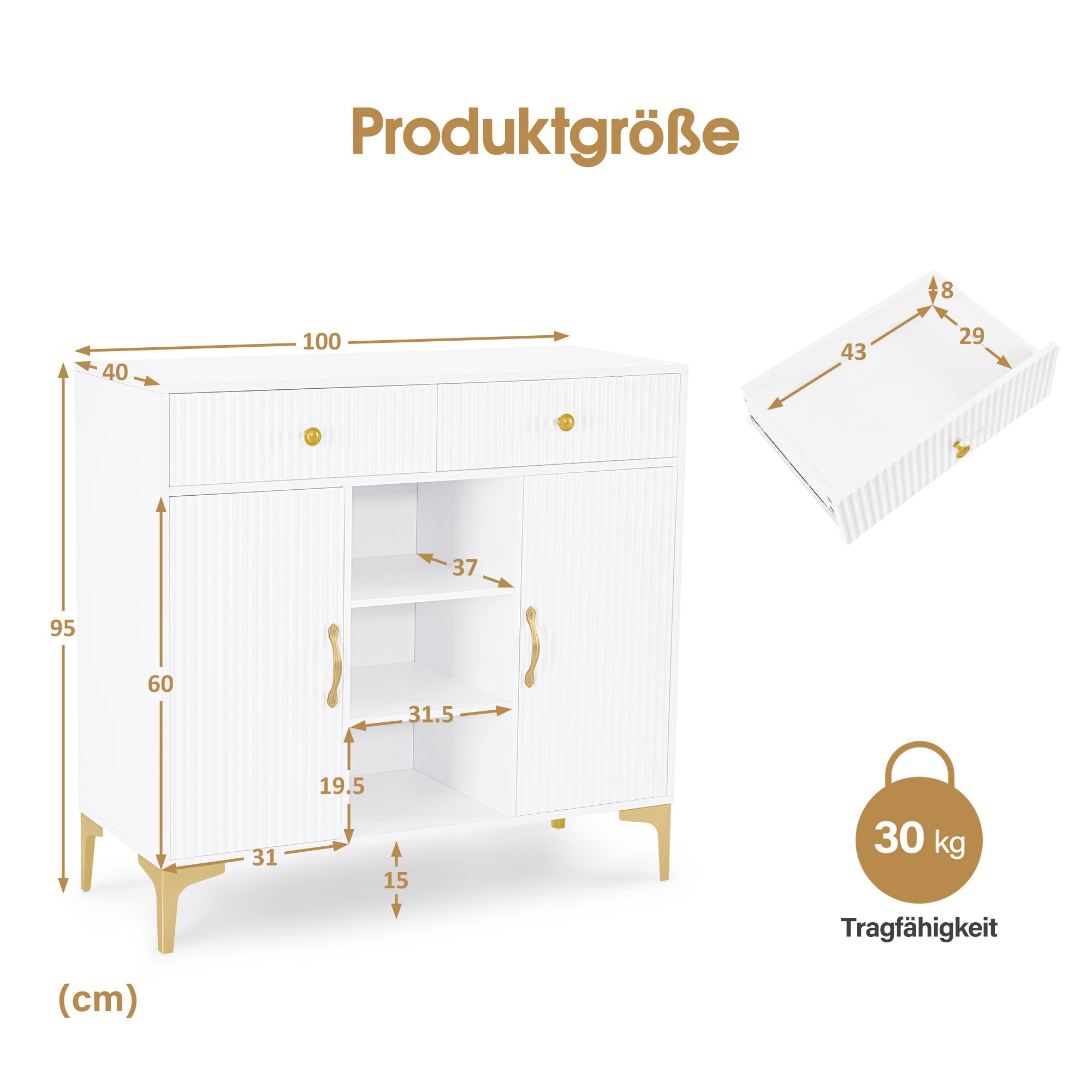 Sideboard met 2 lades, 3 open vakken en 2 verstelbare planken (wit) – foto 3
