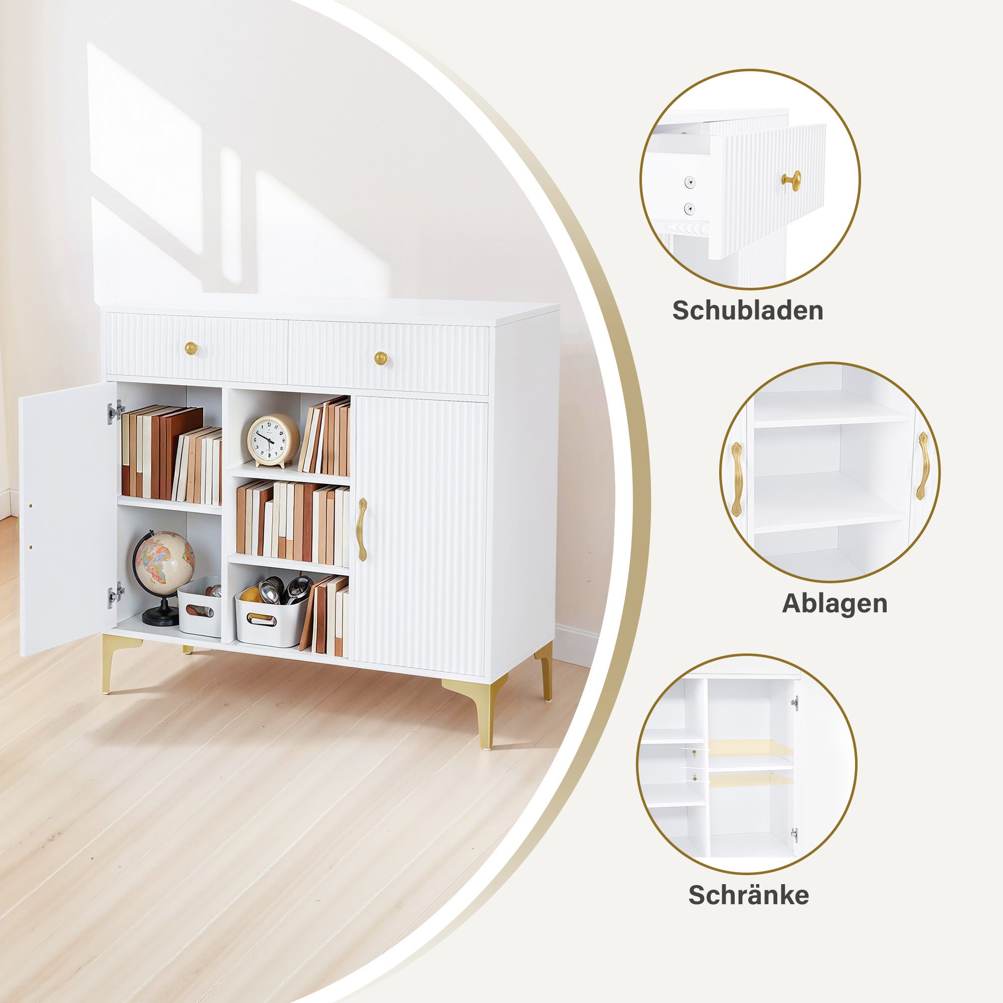 Sideboard met 2 lades, 3 open vakken en 2 verstelbare planken (wit) – foto 4