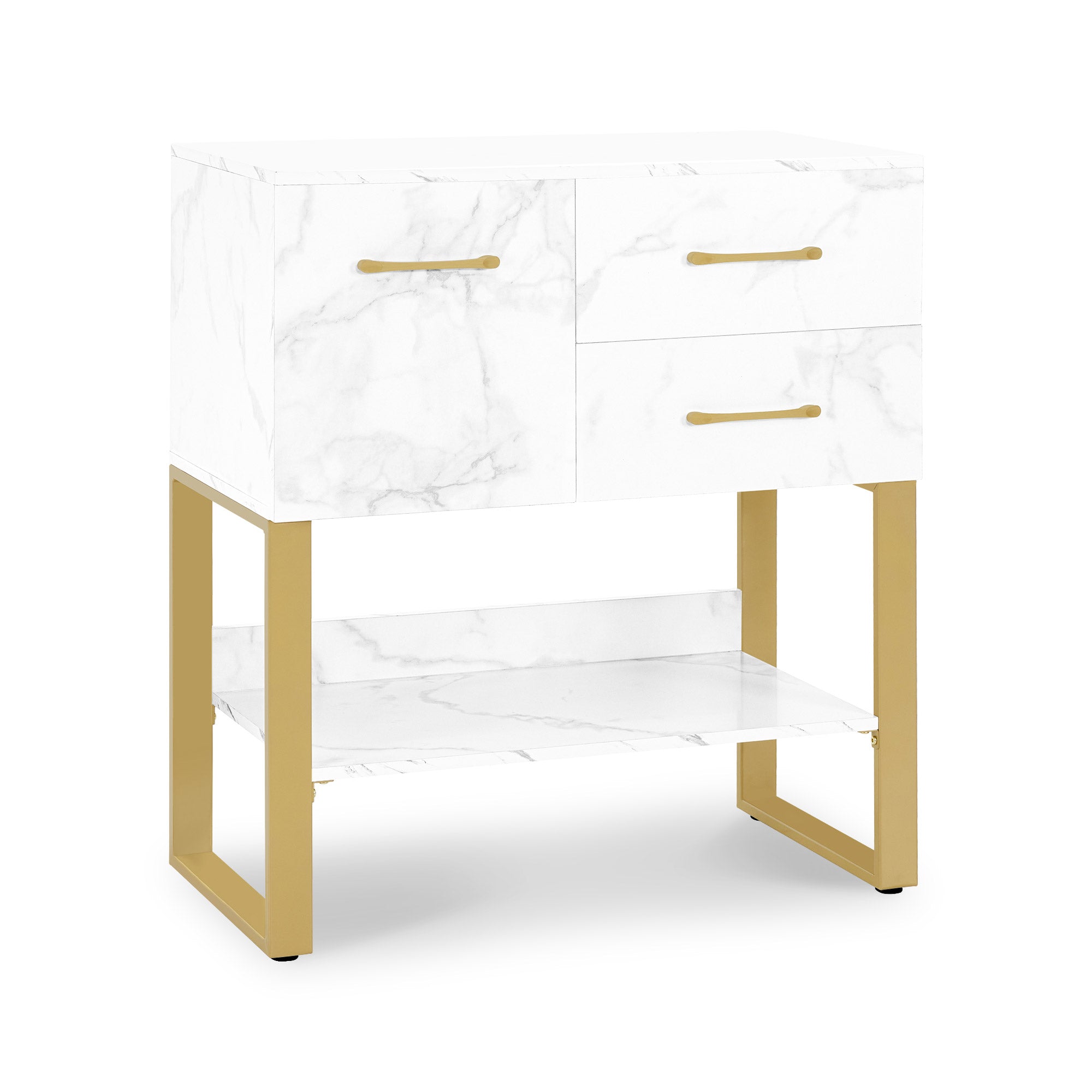 Sideboard met 2 lades, kast en open vak, dressoir met metalen frame (wit/goud) – foto 1