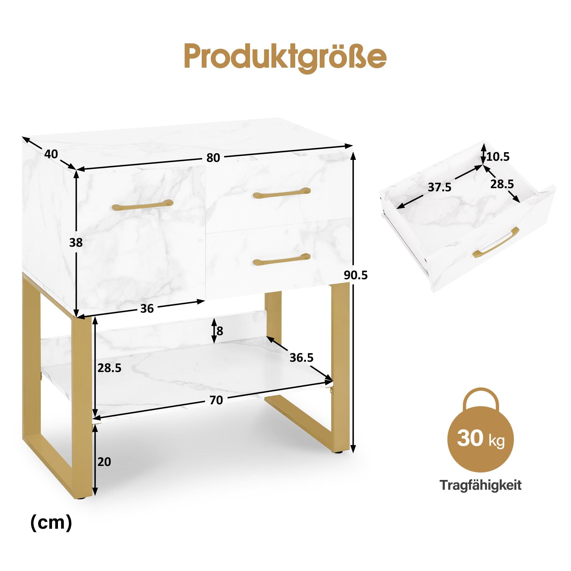 Sideboard met 2 lades, kast en open vak, dressoir met metalen frame (wit/goud) – foto 3