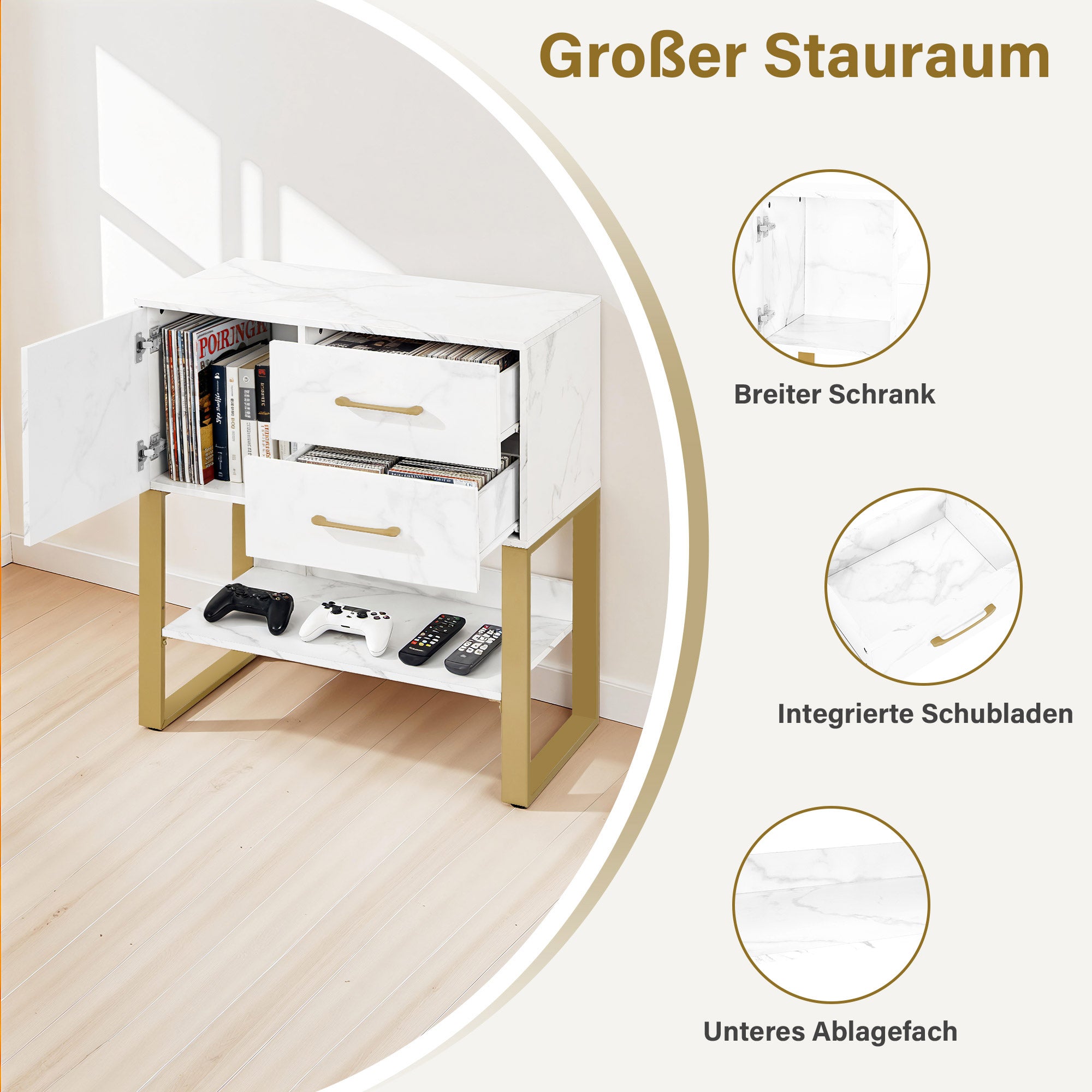 Sideboard met 2 lades, kast en open vak, dressoir met metalen frame (wit/goud) – foto 4