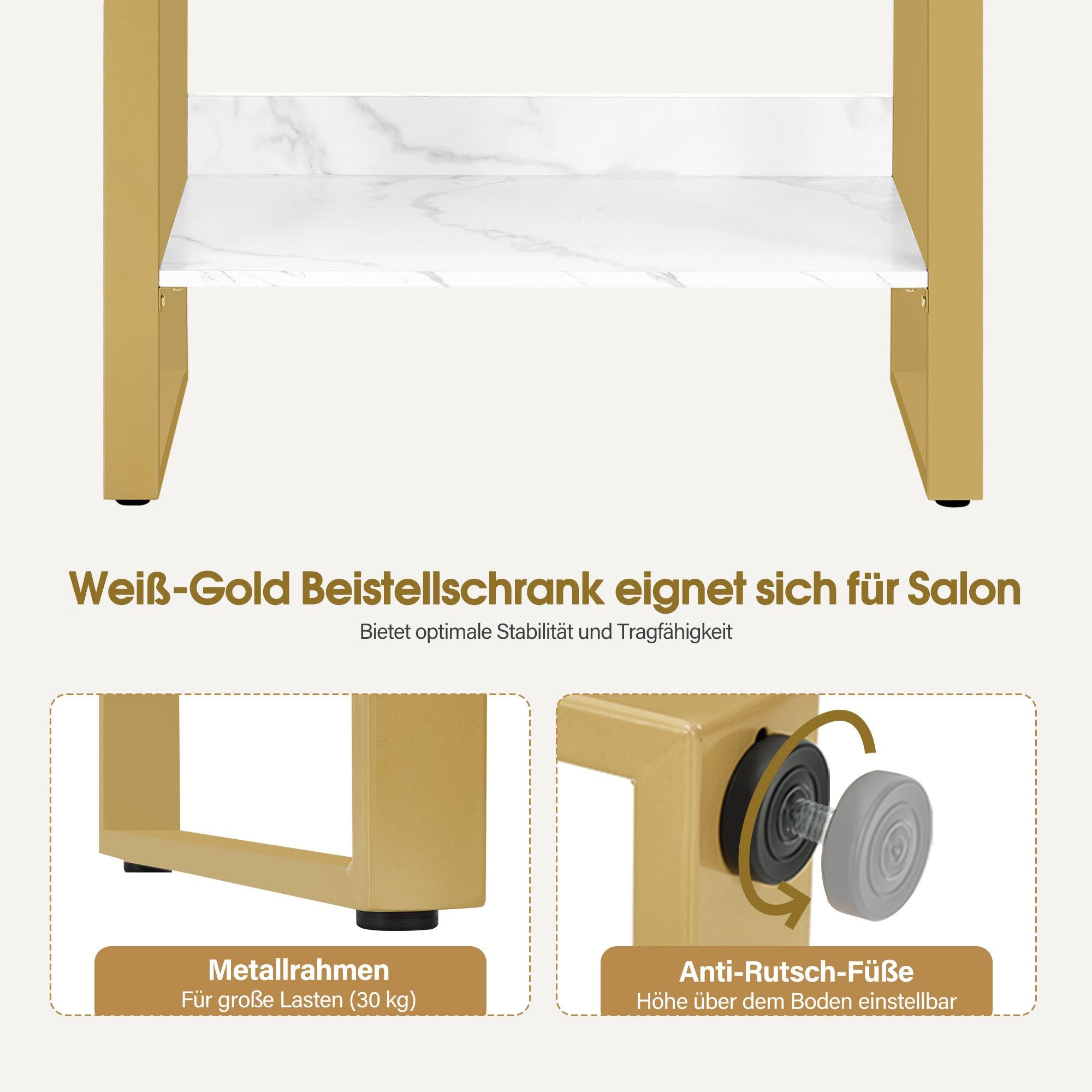 Sideboard met 2 lades, kast en open vak, dressoir met metalen frame (wit/goud) – foto 5