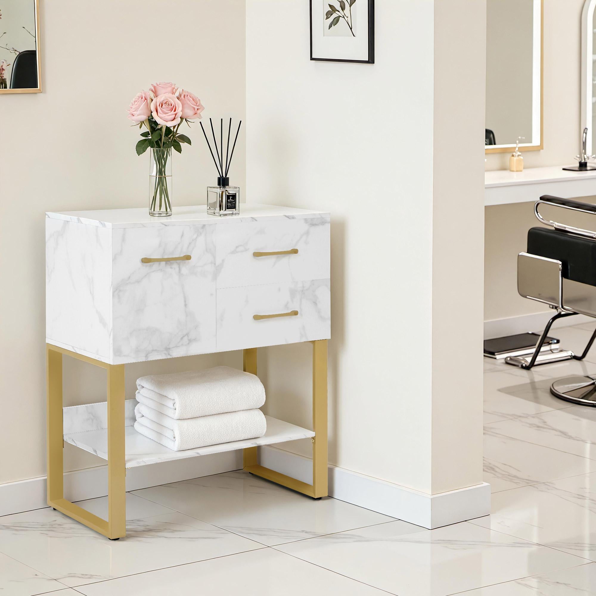 Sideboard met 2 lades, kast en open vak, dressoir met metalen frame (wit/goud) – foto 6