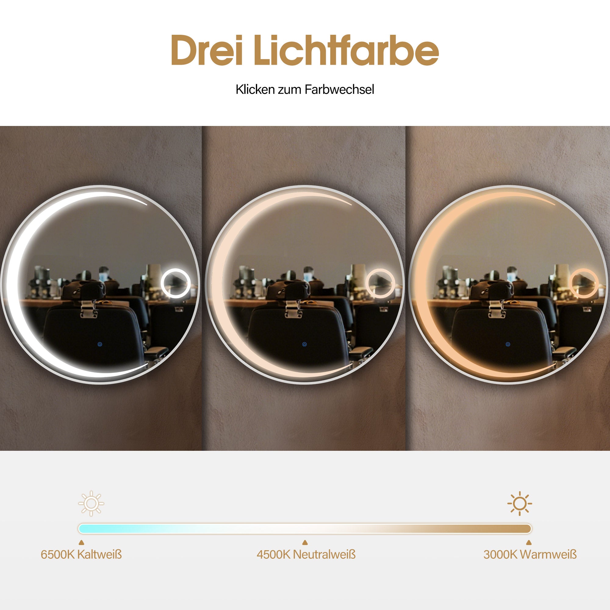 Verlichte Badkamerspiegel, Rond, Aluminium Frame, 3 Lichtkleuren Dimb. J6228 – foto 5