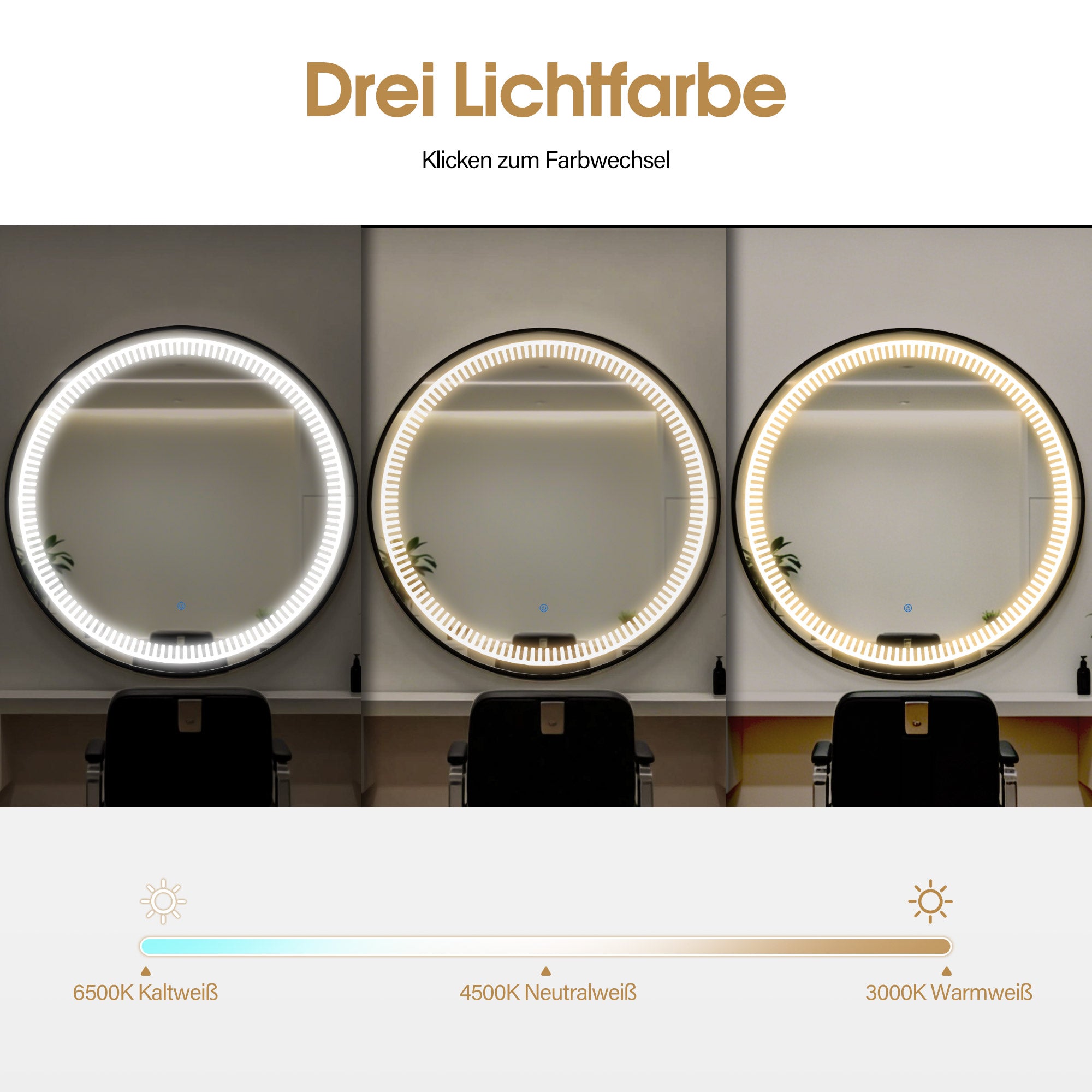 Verlichte Badkamerspiegel, Rond, Aluminium Frame, 3 Lichtkleuren Dimb. J6236 – foto 12
