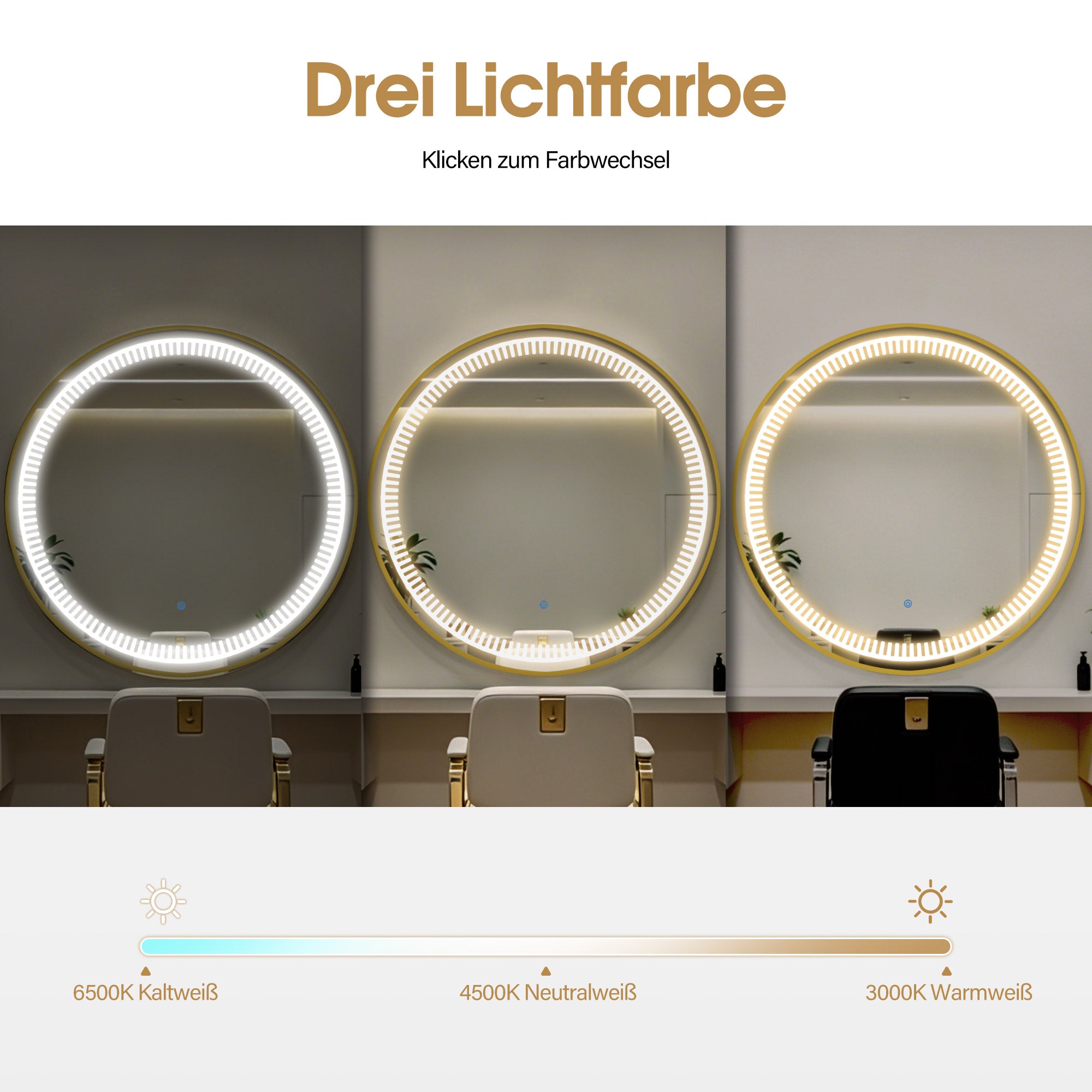 Verlichte Badkamerspiegel, Rond, Aluminium Frame, 3 Lichtkleuren Dimb. J6236 – foto 5