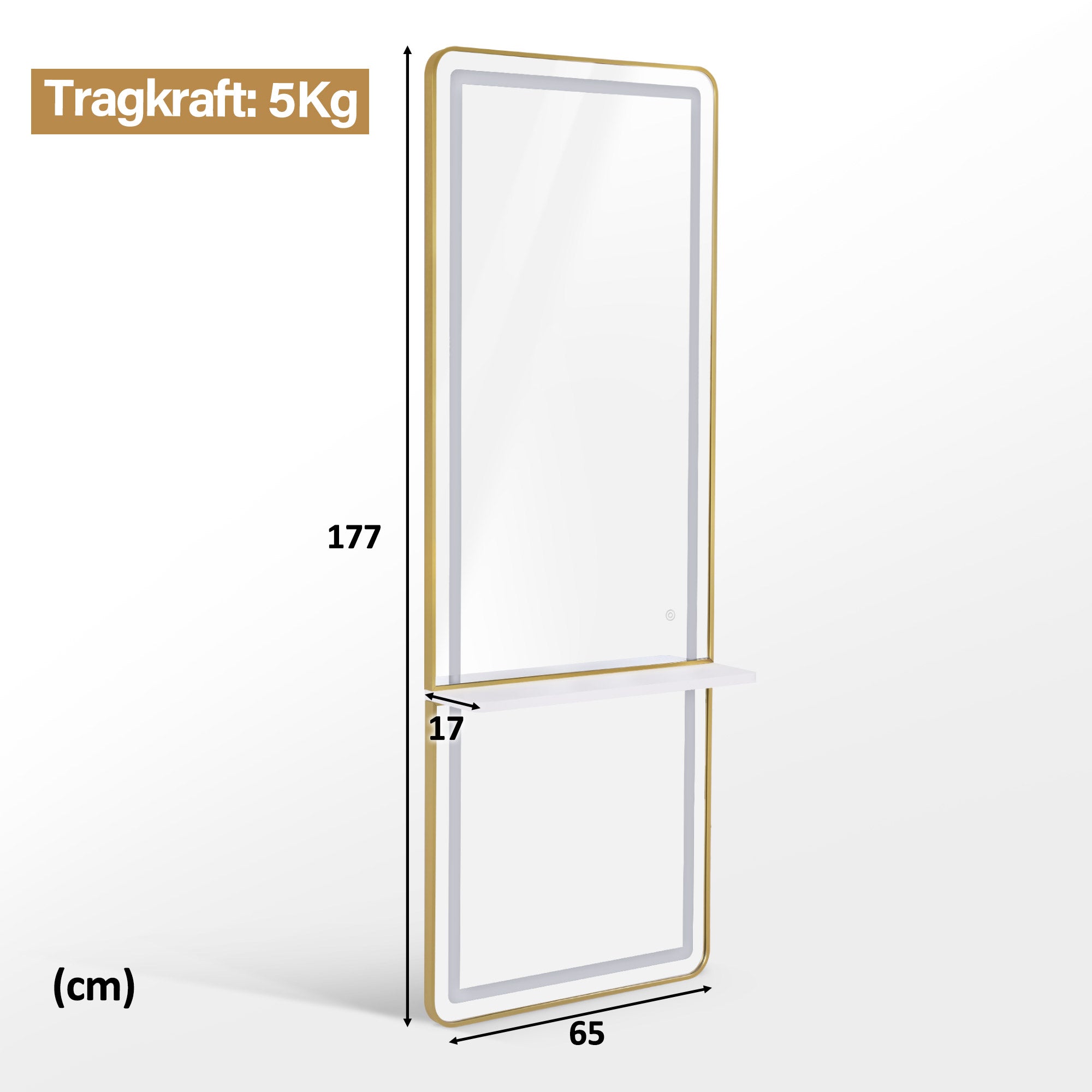 Wandspiegel met LED Verlichting, Aluminium Frame, Lange Spiegel met Plank, Touch-Schakelaar, 3 Dimbare Lichtkleuren, 17x65x177 cm – foto 2