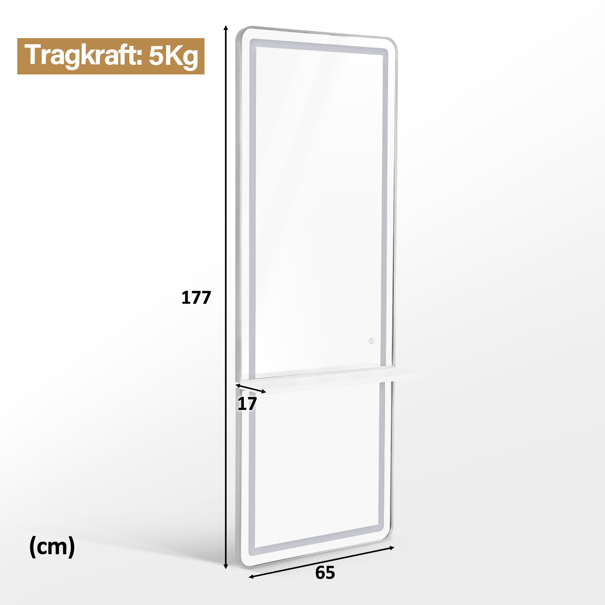 Wandspiegel met LED Verlichting, Aluminium Frame, Lange Spiegel met Plank, Touch-Schakelaar, 3 Dimbare Lichtkleuren, 17x65x177 cm – foto 20