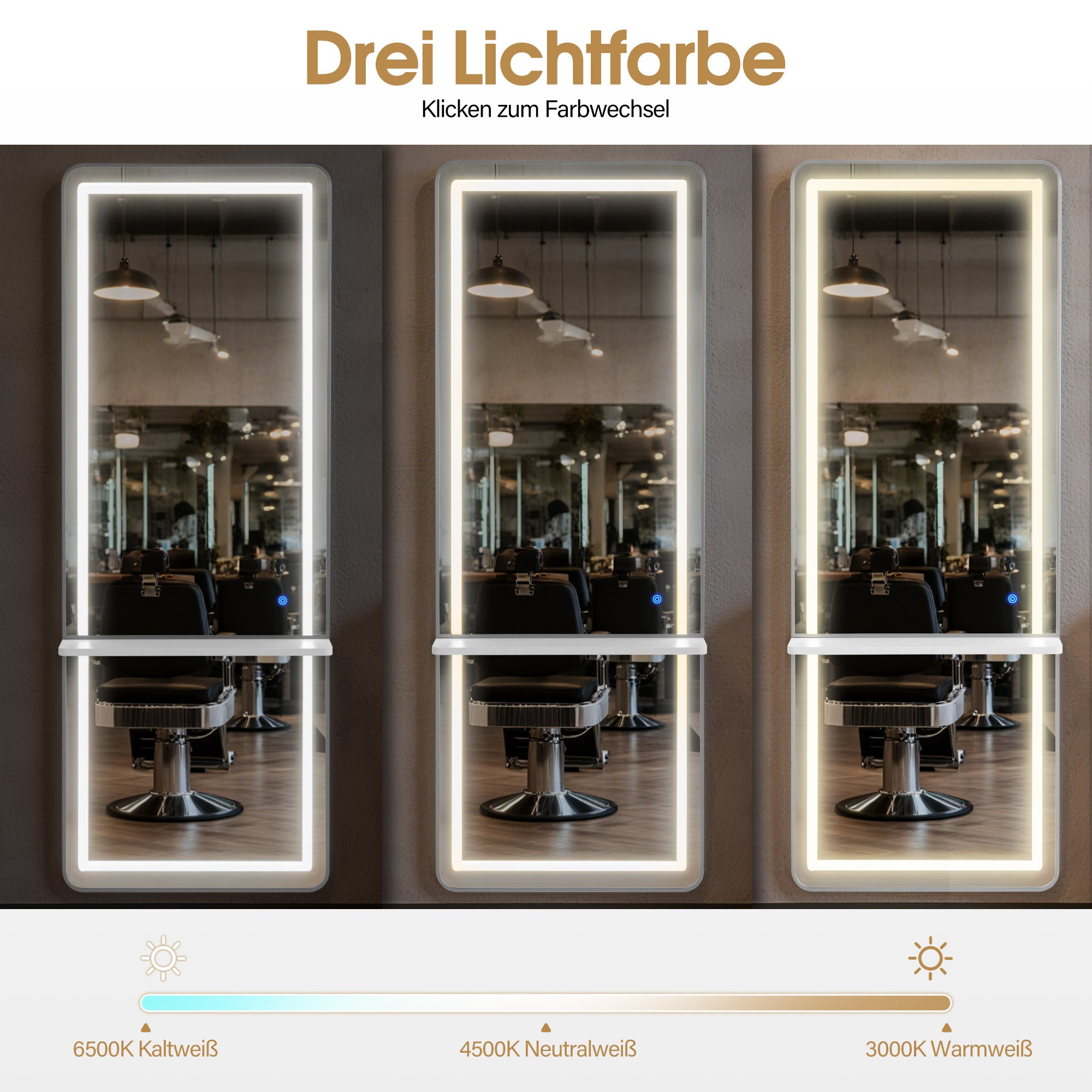 Wandspiegel met LED Verlichting, Aluminium Frame, Lange Spiegel met Plank, Touch-Schakelaar, 3 Dimbare Lichtkleuren, 17x65x177 cm – foto 21