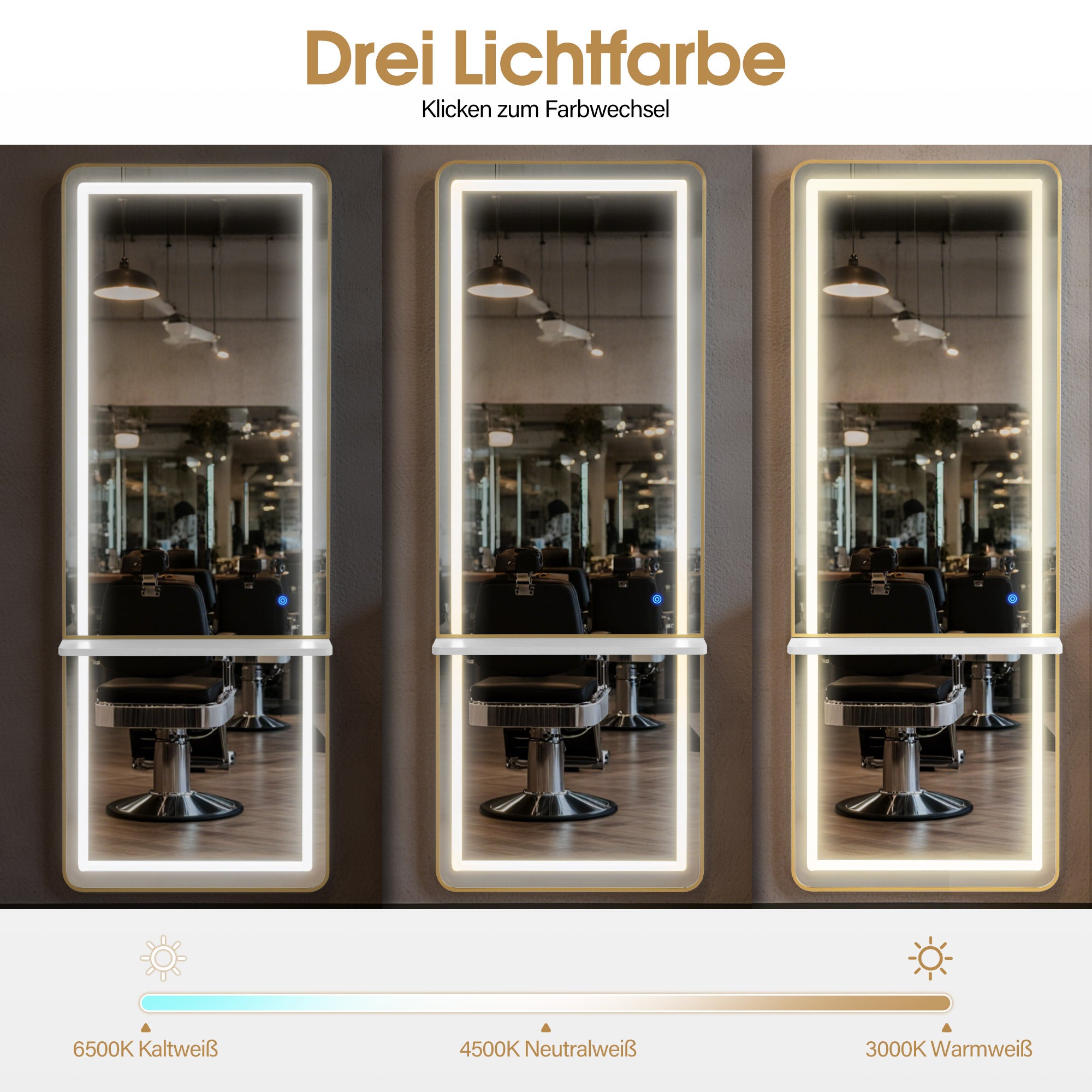 Wandspiegel met LED Verlichting, Aluminium Frame, Lange Spiegel met Plank, Touch-Schakelaar, 3 Dimbare Lichtkleuren, 17x65x177 cm – foto 4